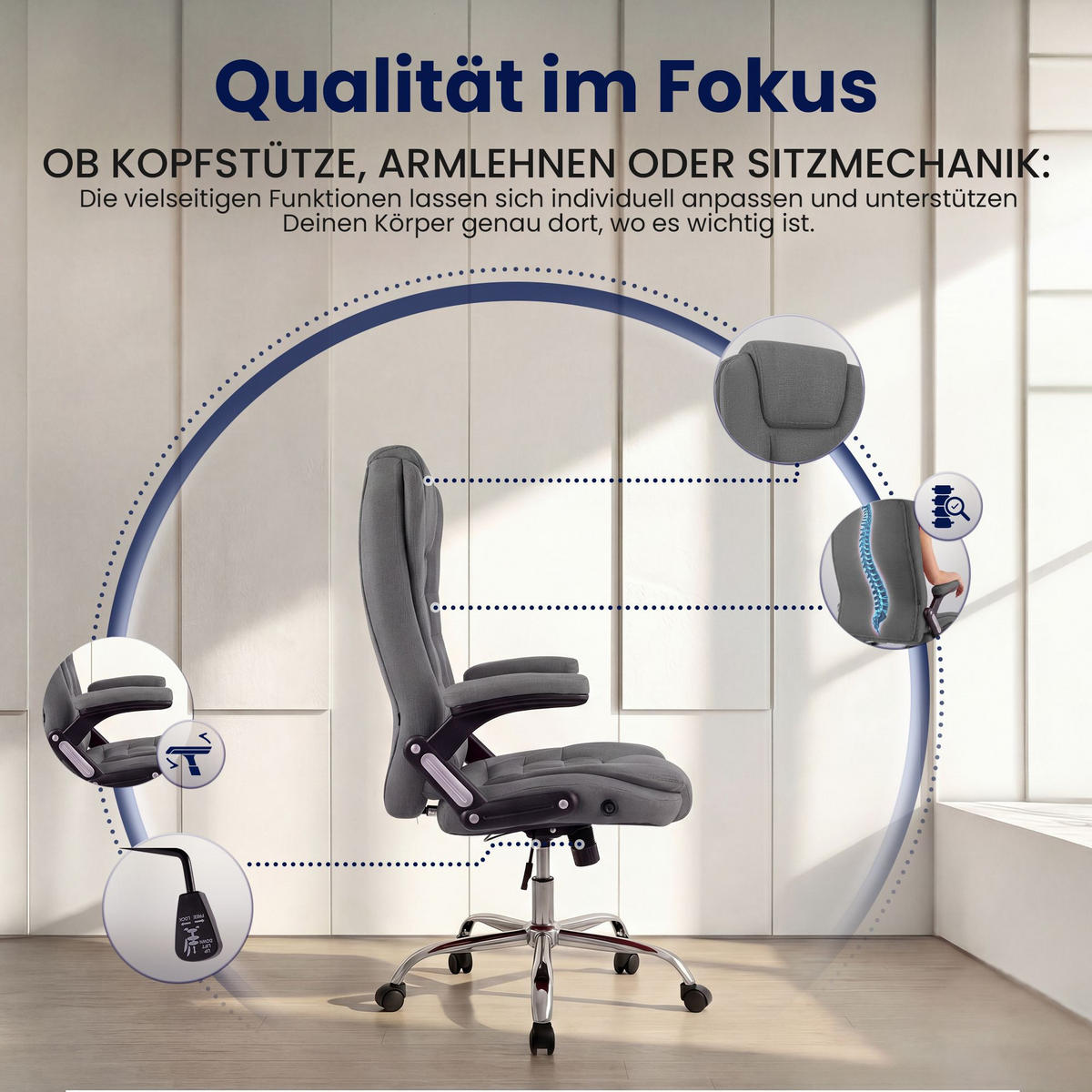 CHEFSESSEL Stoff Grau - Chromfarben/Grau, Textil/Metall (69.5/113/78cm) - CLP