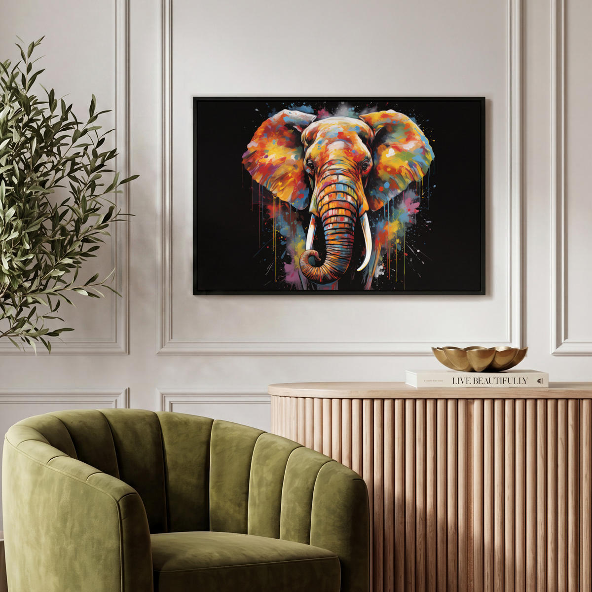 LEINWAND Bilder mit Rahmen - Elefant - Graffiti - Schwarz - Tiere - Farben - 60x40 - Schwarz, Textil (60/40cm) - MuchoWow
