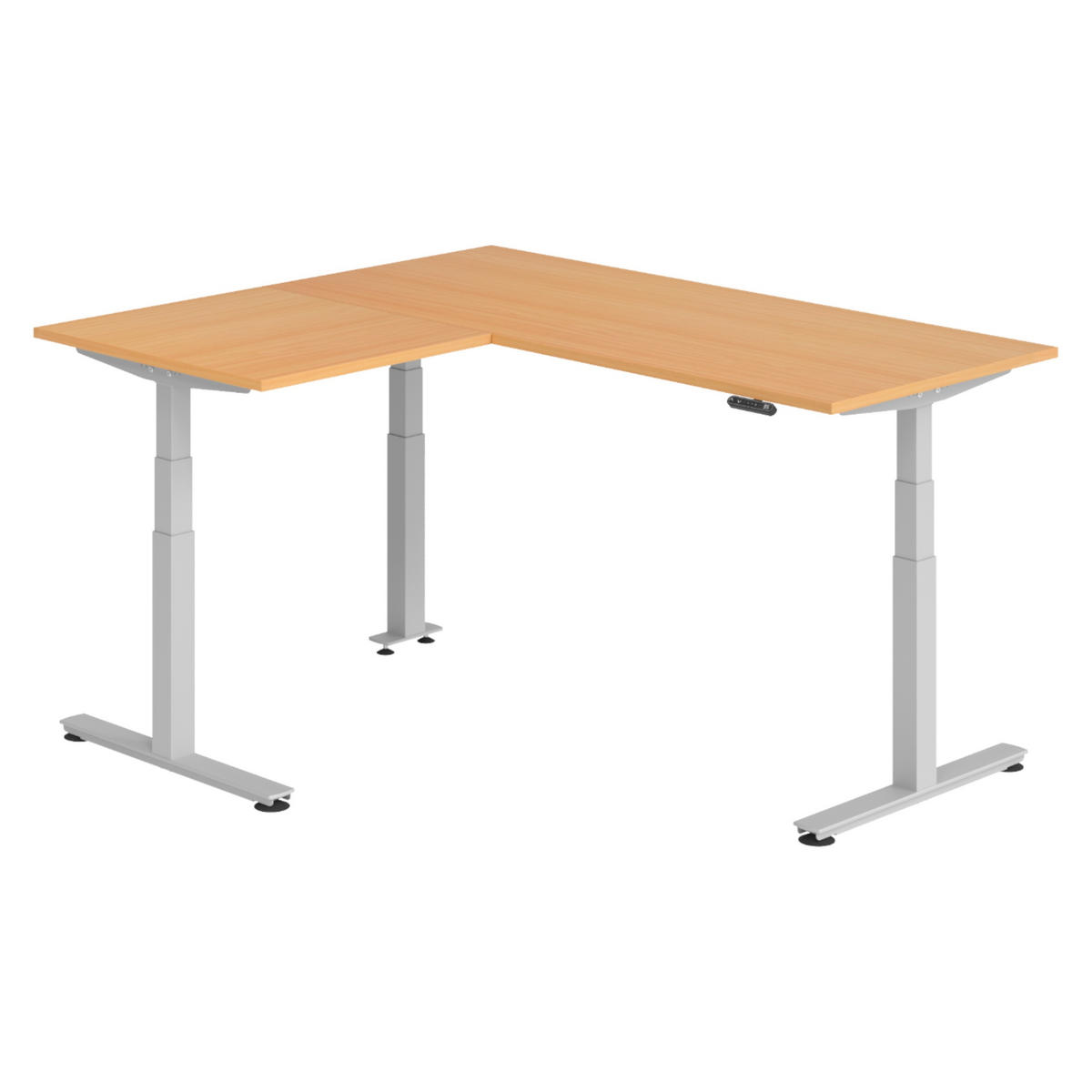 ECKSCHREIBTISCH elektrisch höhenverstellbar L-Form 160/180/74 cm in Buchefarben/Silberfarben - Buchefarben/Silberfarben, Holzwerkstoff (160/180/74cm) - bümö