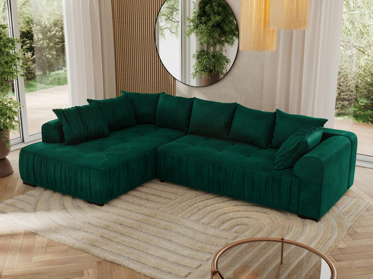 ECKSOFA ORTA Dunkelgrün Velvet - Links - Dunkelgrün/Schwarz, Textil (325/200cm) - MKS