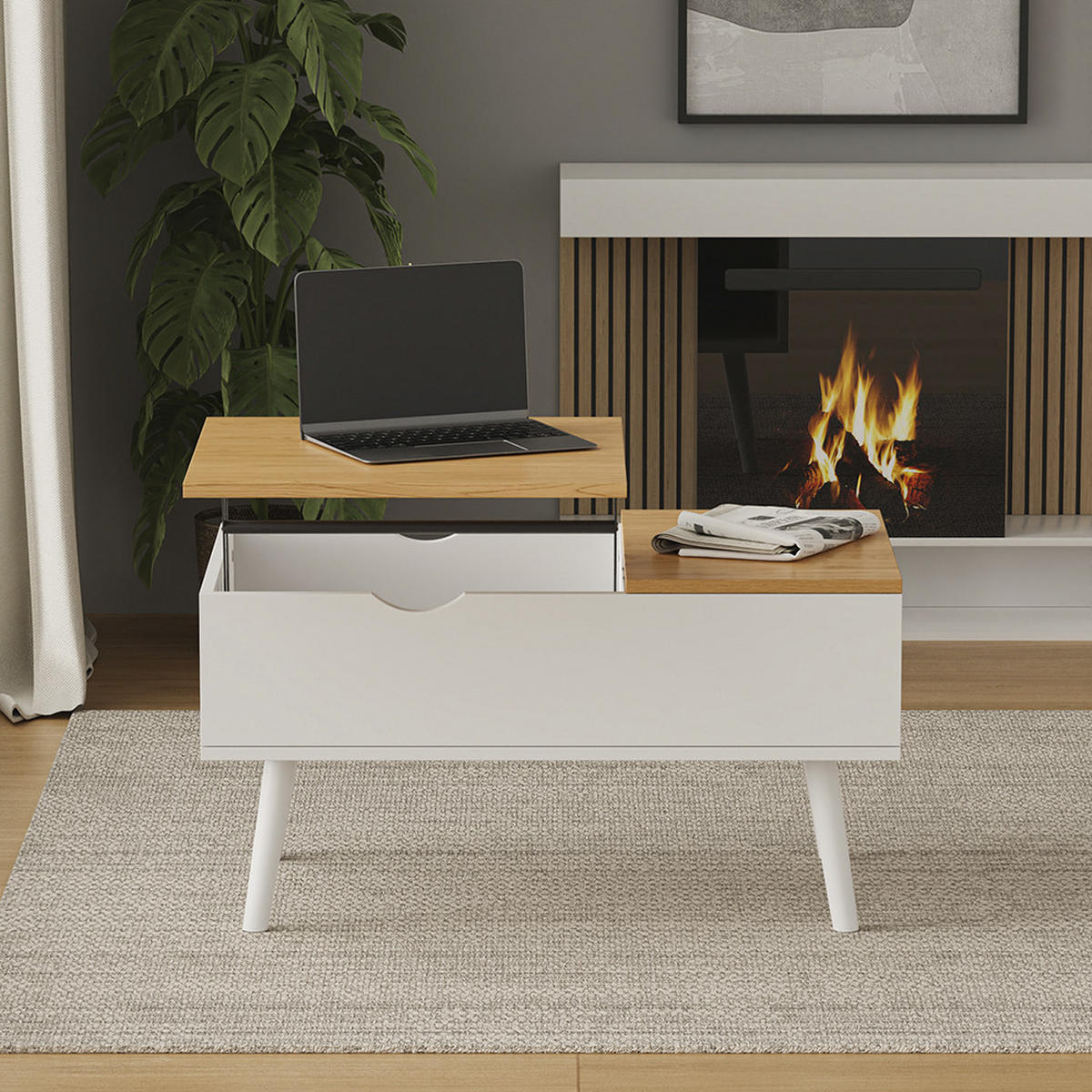 COUCHTISCH Stora Weiß/Eiche 76 x 45 cm mit Liftfunktion - Eichefarben/Weiß, Holzwerkstoff (45/76/40cm) - Vicco