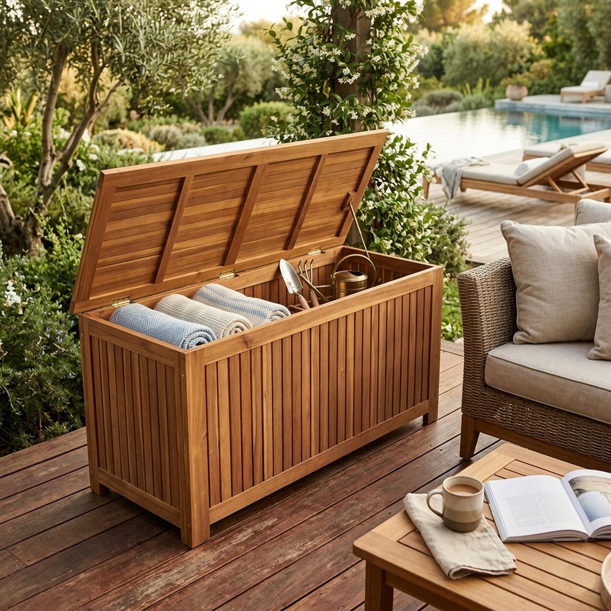 AUFLAGENBOX Ellesmere - 117x50x58,5cm, Akazie geölt - Braun, Holz (117/50/58.5cm) - TPFGarden
