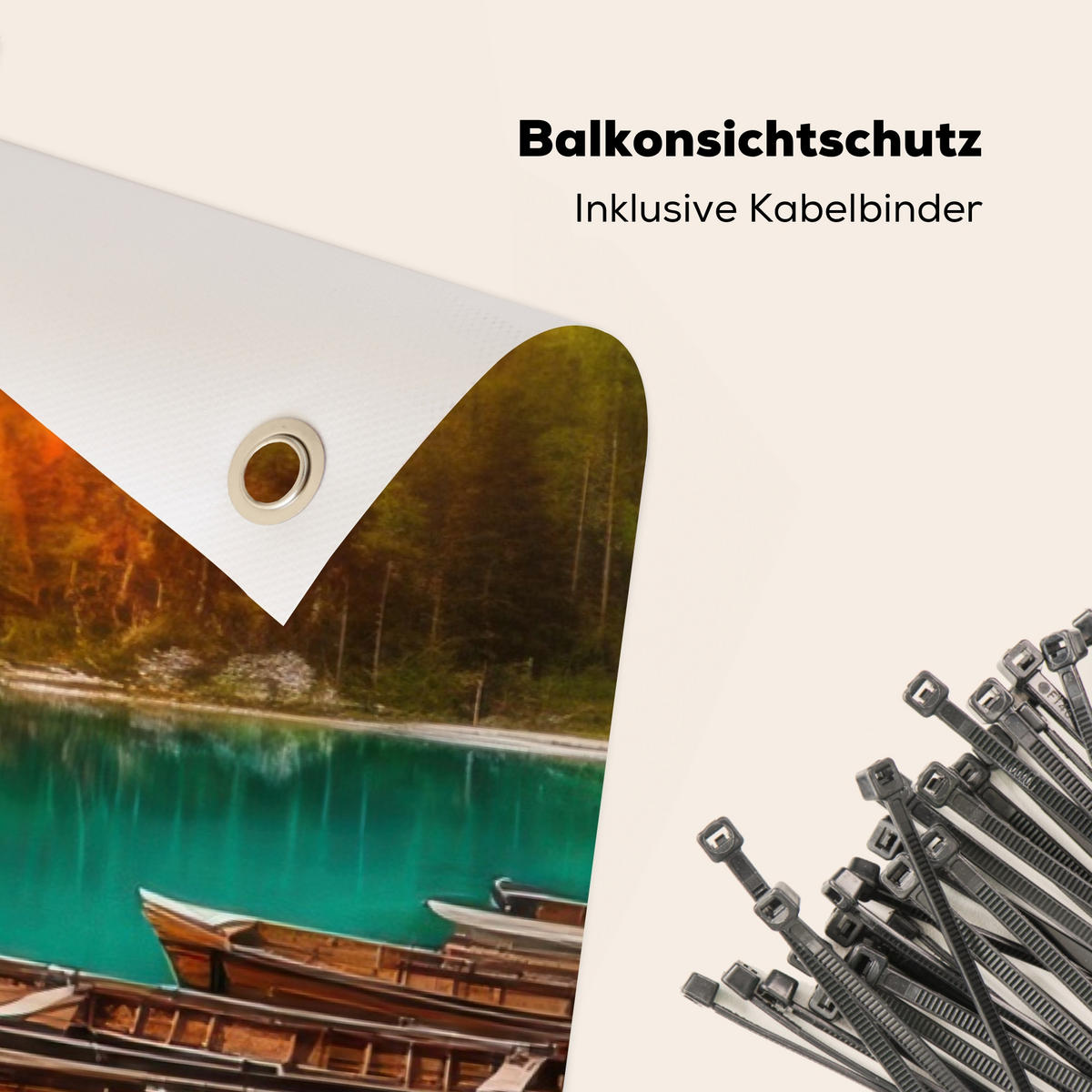 BALKON-SICHTSCHUTZ See - Berge - Sonnenuntergang - Boot - Petrol, Kunststoff (300/120cm) - MuchoWow