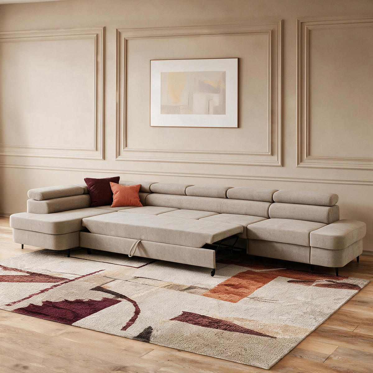 ECKSOFA PRIAM XXL L-Form Links mit Schlaffunktion 125x265 Velours Creme - Creme/Schwarz, Holz/Textil (203/420cm) - Muffo