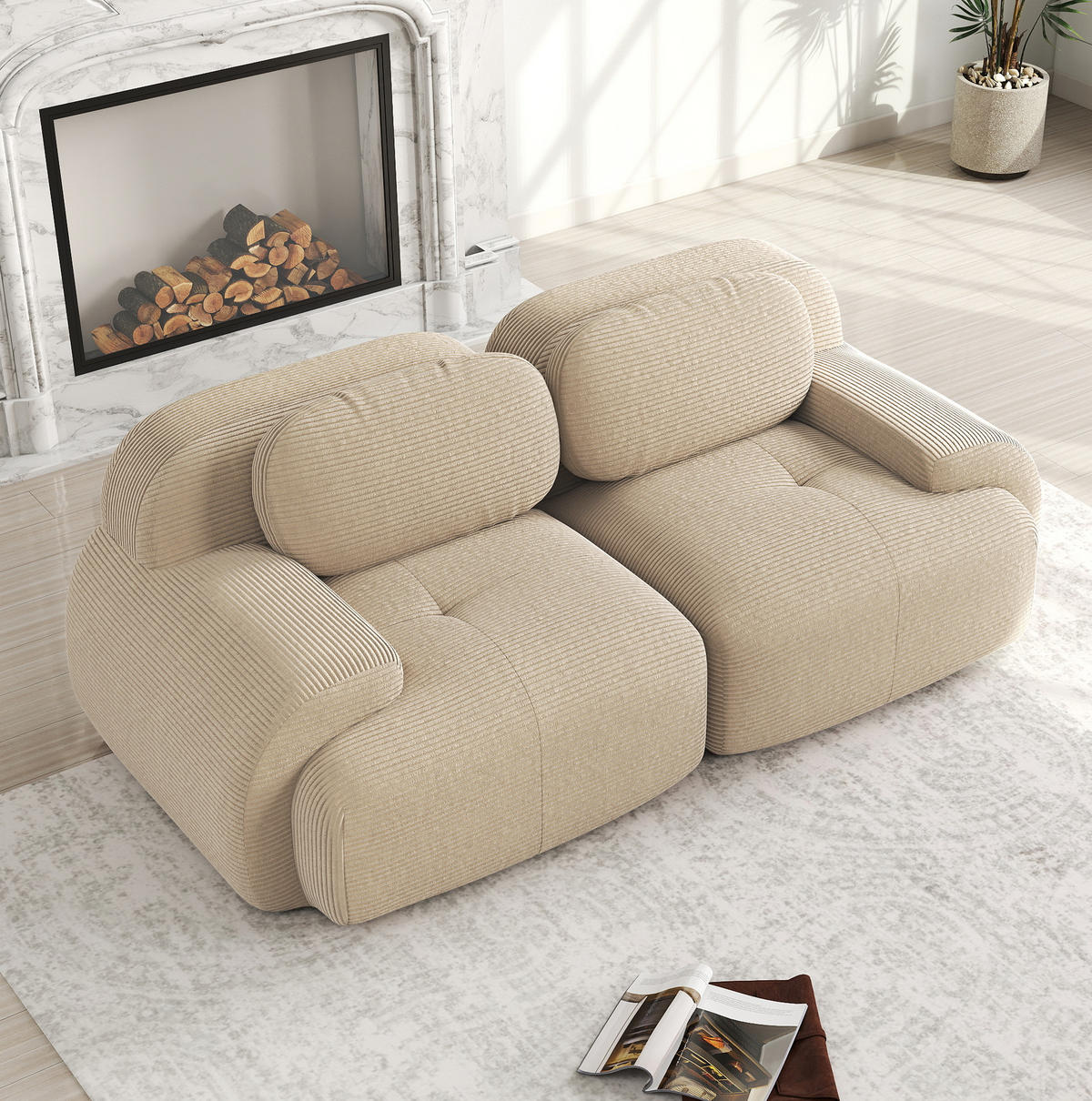 ECKSOFA 208/103/70 cm in Beige aus Cord mit modularem Design und rutschfester Unterseite - Beige, Textil (103/70/208cm) - Flora Grace