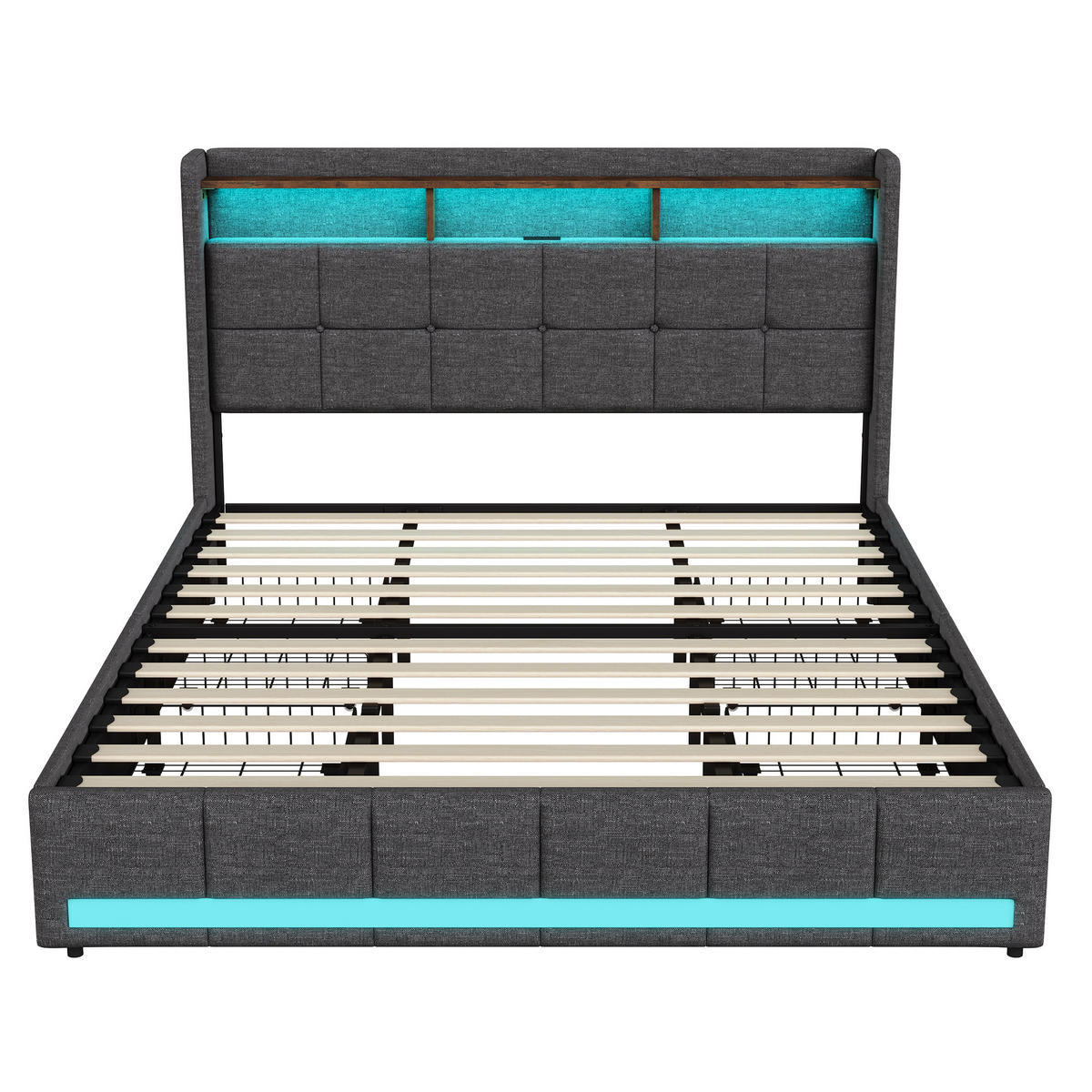 POLSTERBETT 180x200 cm mit LED, USB & USB-C, 4 Schubladen und Stauraum-Kopfteil, Grau - Grau, Holz (180/200cm)
