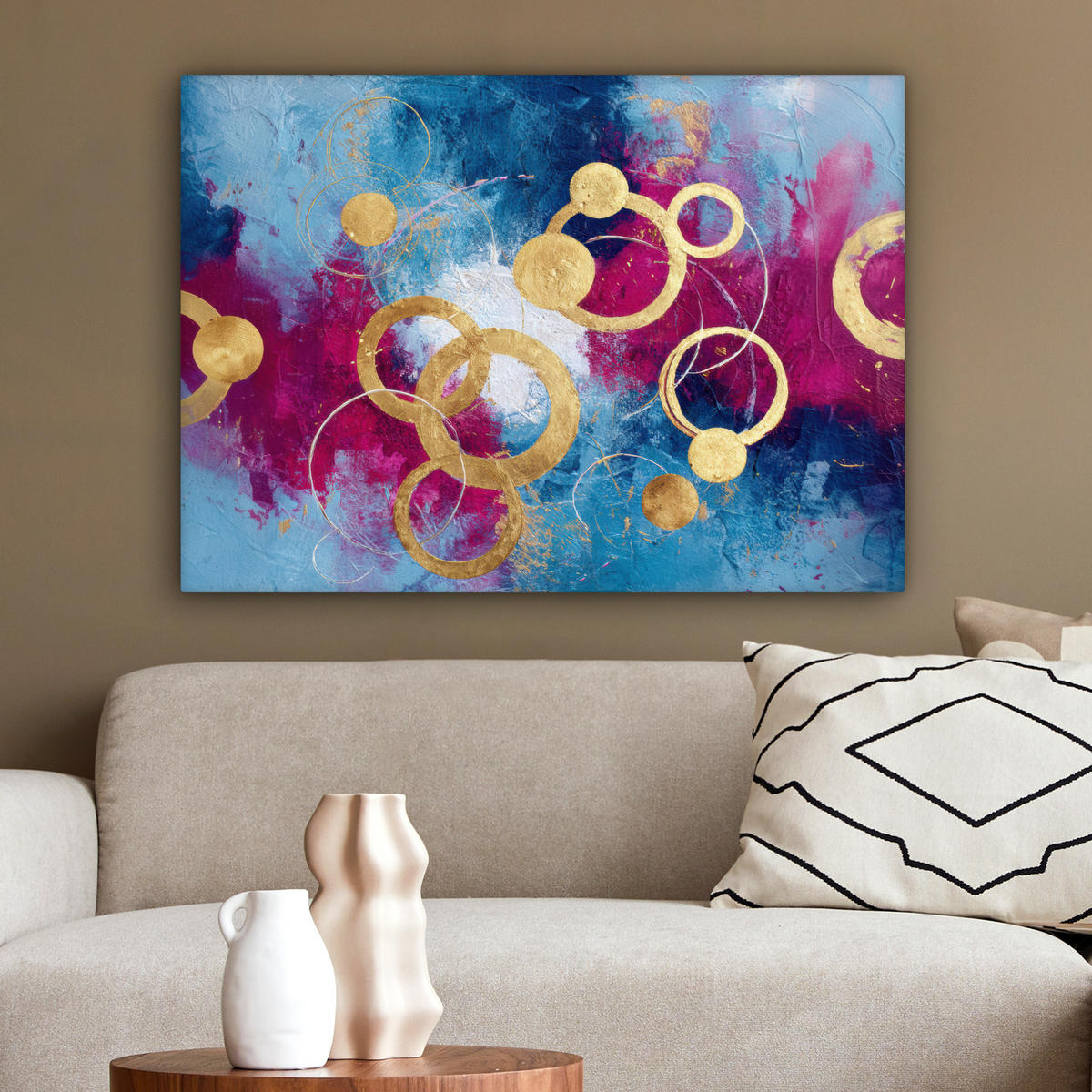 LEINWANDBILD Kreise - Gold - Abstrakt Wandbilder 80x60 cm - Blau, Textil (80/60cm) - MuchoWow