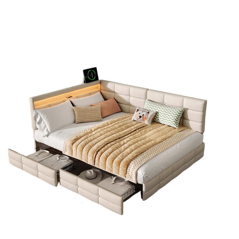 KLÄDD säng 140/190 cm beige linne L-form med LED USB-lådor - Beige, Trä - SHOPENTRA