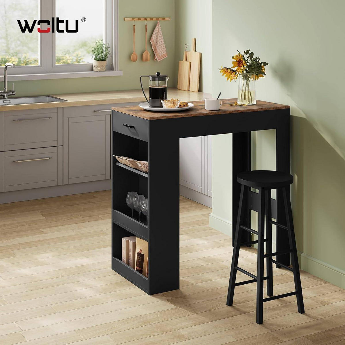 BARTISCH, Küchentisch mit Weinregal,100 x 50 x 100 cm - Dunkelbraun/Schwarz, Holzwerkstoff (50/100/100cm) - Woltu