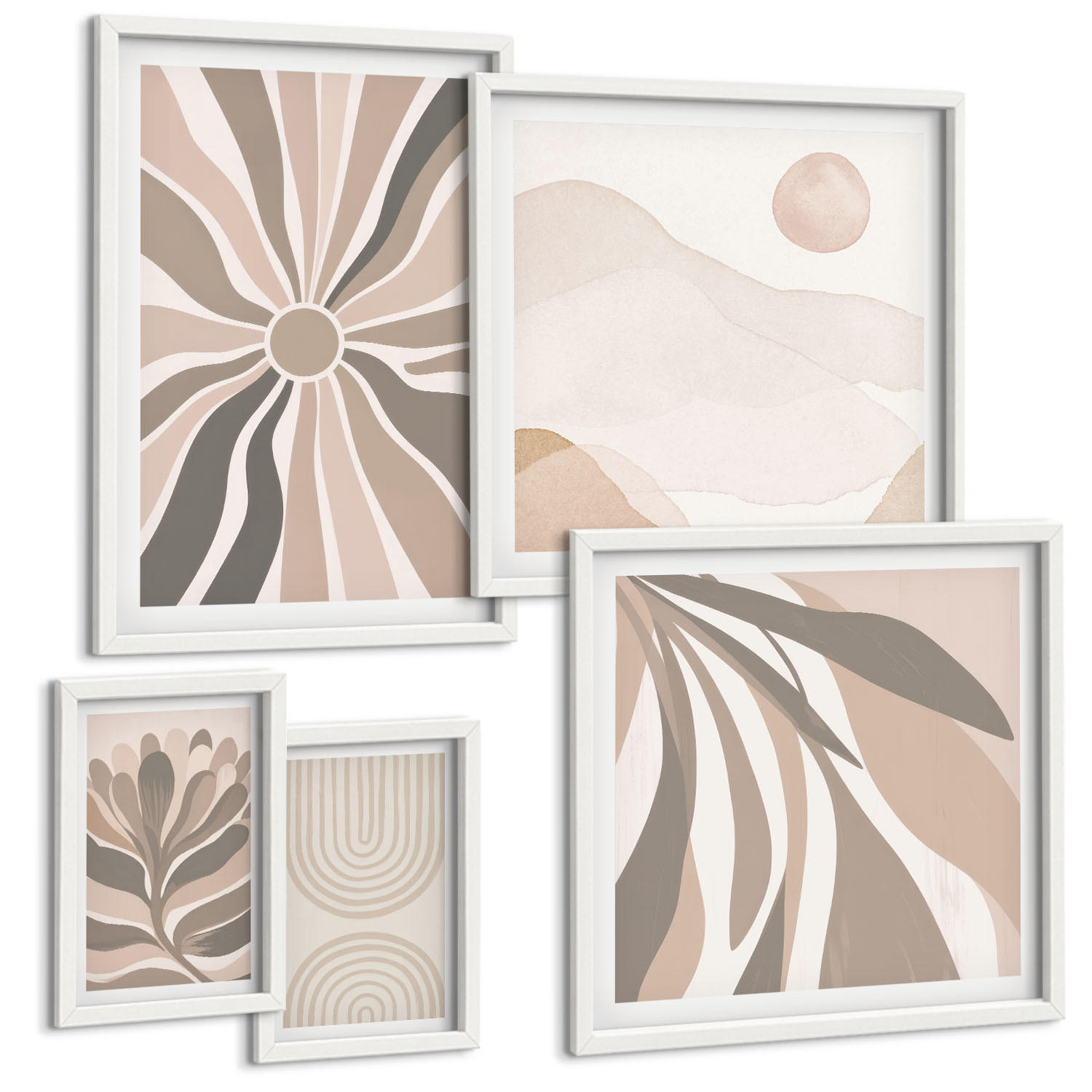 BILDER SET 5er Set - 50x50 cm & 20x30 cm & 40x60 cm Weißer Rahmen - Abstrakte Pflanzenmuster - Weiß, Kunststoff (40/60cm) - TULUP