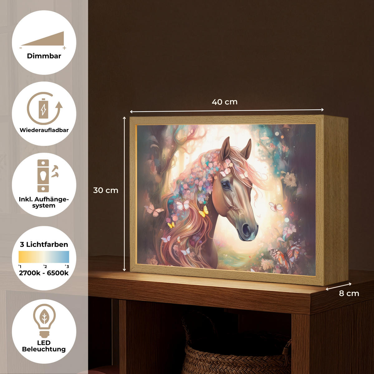 NÁSTĚNNÁ LAMPA S AKUMULÁTOREM Kůň - Příroda - Květiny - Motýli - Les 40x30 cm - tmavě hnědá, kompozitní dřevo (40/30/8cm) - OnlyWow