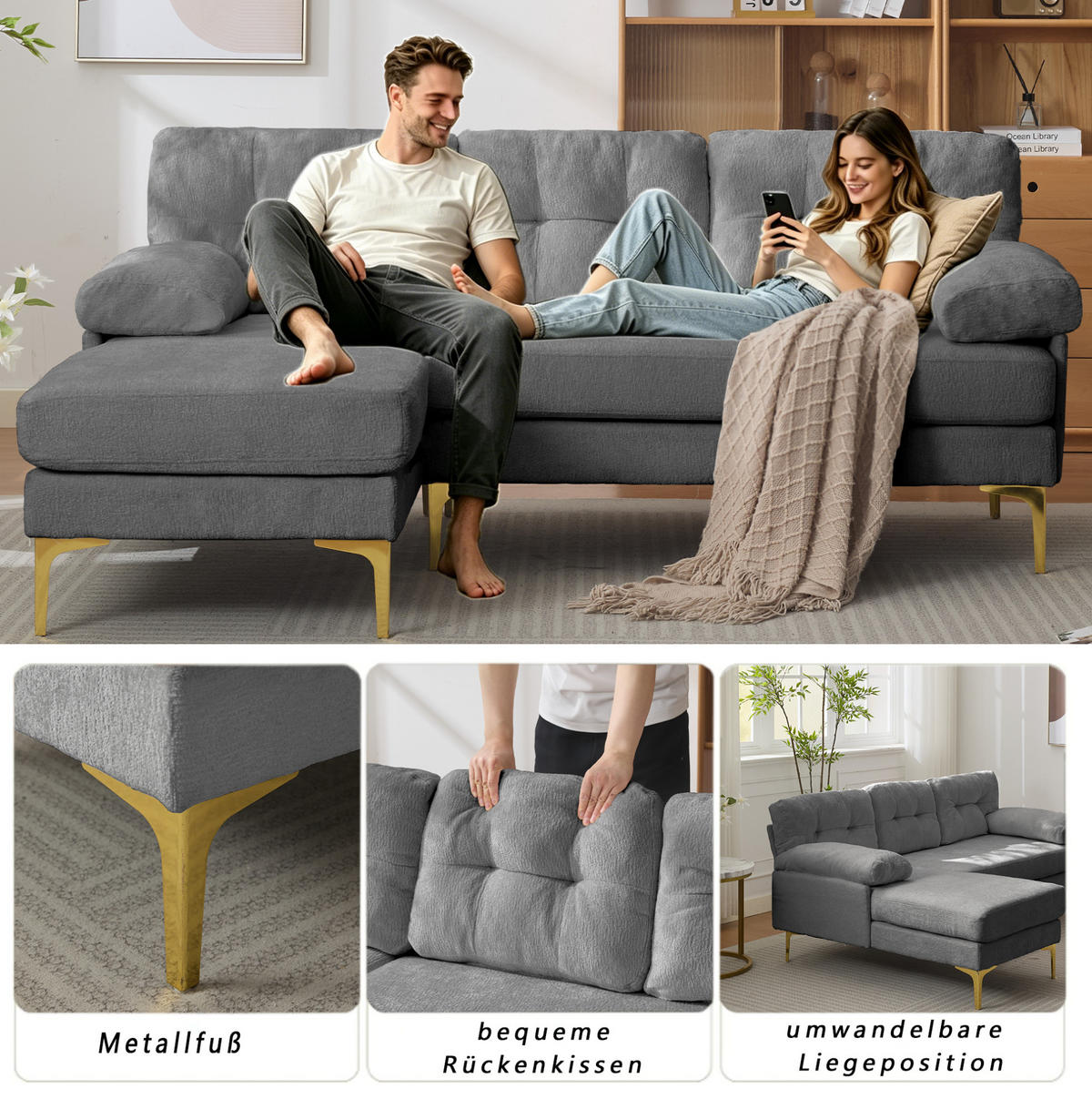 ECKSOFA 187,5/130/79 cm grau aus Holz mit wechselbarer Liegefläche - Grau, Holz (130/187.5cm) - OKWISH