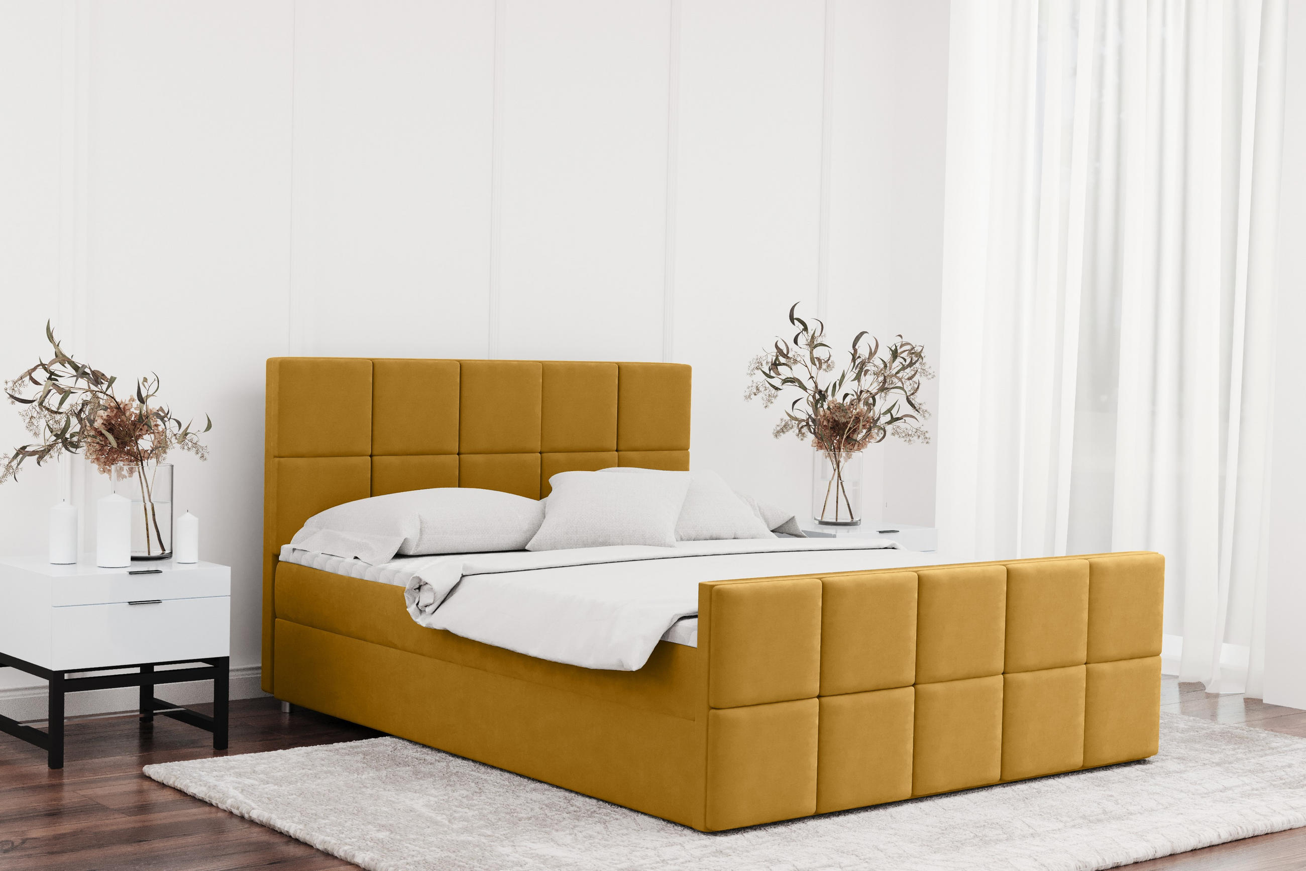 BOXBETT mit Bettkasten und Matratze Topper HANA Stoff Matt Velvet Gelb 160x200 cm H2-Pocket - Gelb, Holz/Textil (160/200cm) - Kaiser Möbel