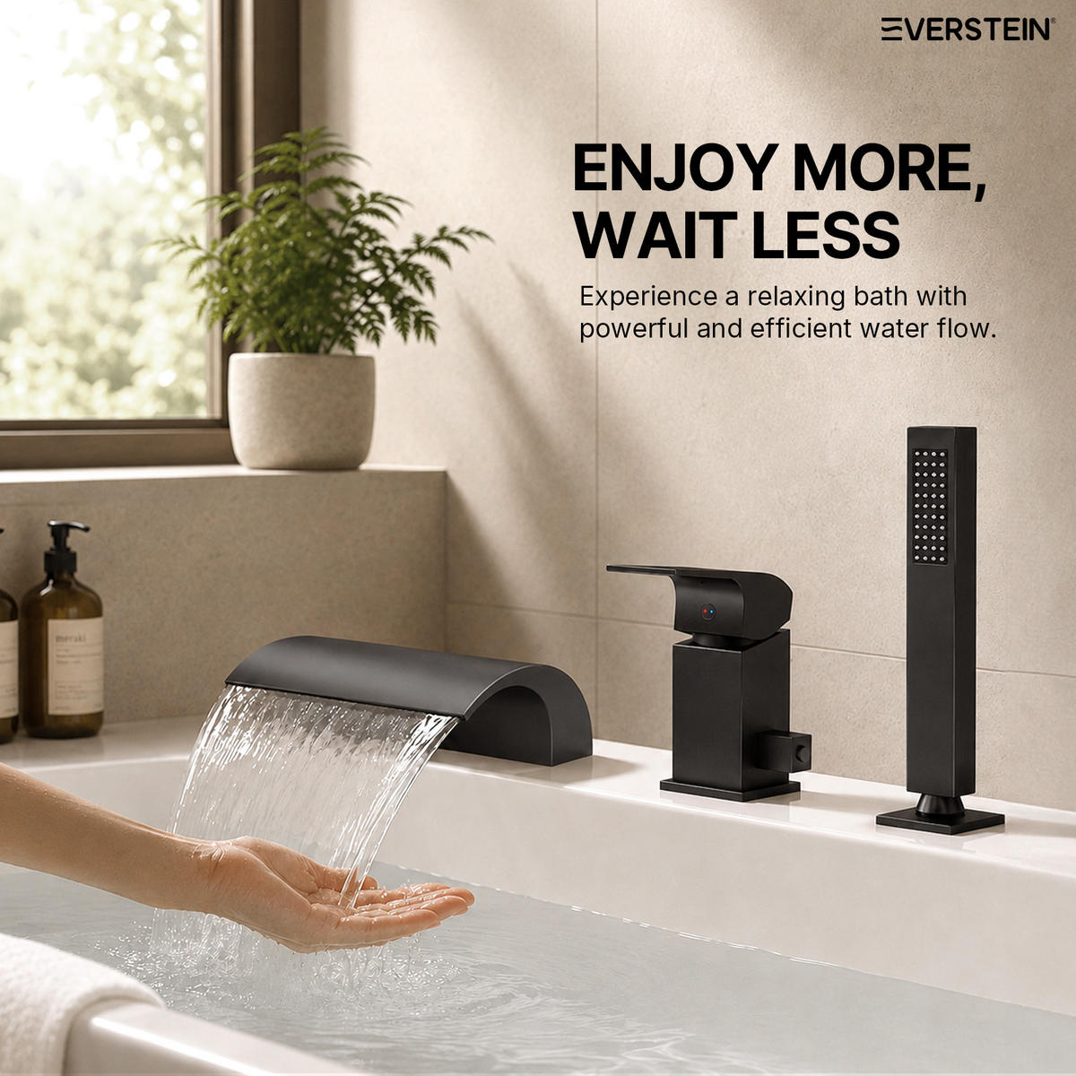 BADEWANNENARMATUR SFS-5004 Schwarz Matt, 3-Loch, Wasserfallauslauf 180 mm, Handbrause 200 mm, Einhebel - Schwarz, Metall (9/20/18cm) - Everstein
