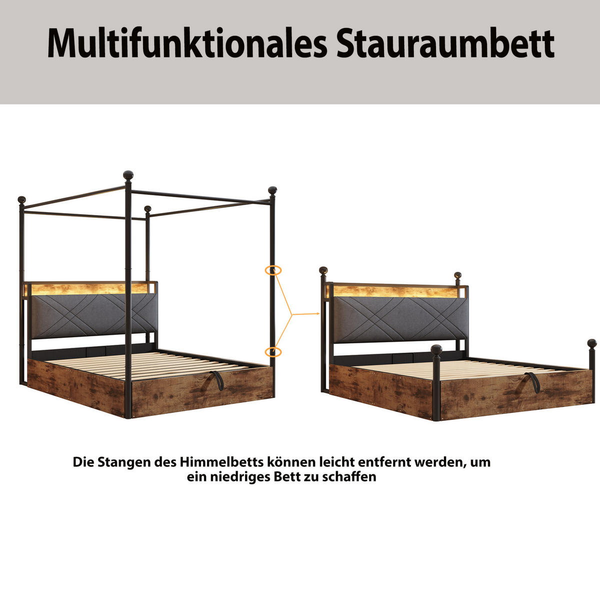 METALLBETT 140/190 cm Schwarz aus Eisen mit Stauraum - Schwarz, Metall (140/190cm) - OKMYHOME