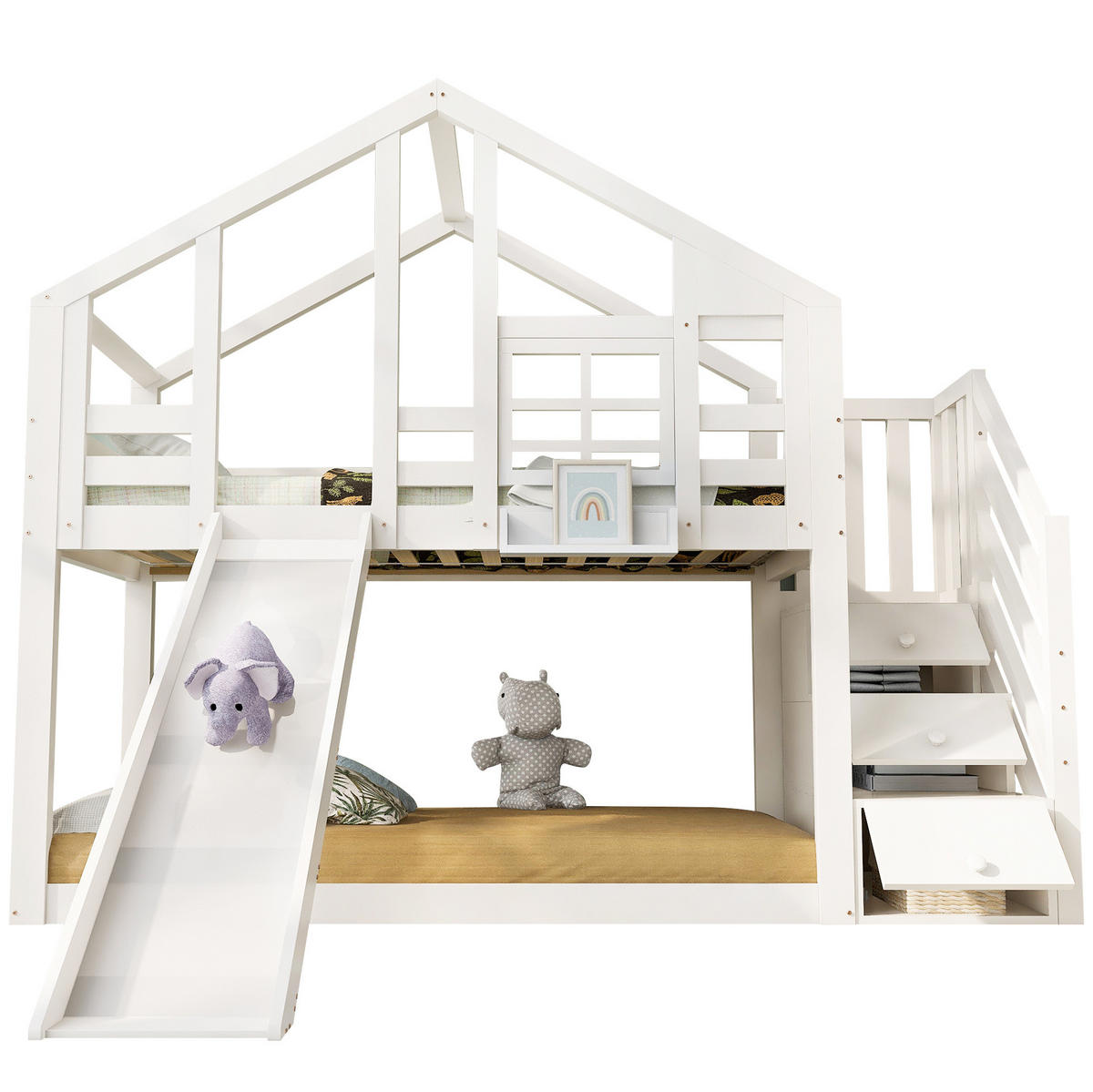 ETAGENBETT Baumhaus 90 x 200 cm Weiß mit Rutsche und Stauraum - Weiß, Holz (90/200cm) - MIVRAY