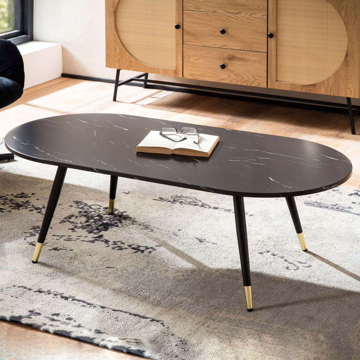 COUCHTISCH oval in Marmor-Optik – mit Metallgestell im modernen Design, Schwarz 120x60x42 cm - Goldfarben/Schwarz, Holzwerkstoff/Metall (60/120/42cm) - KADIMA DESIGN