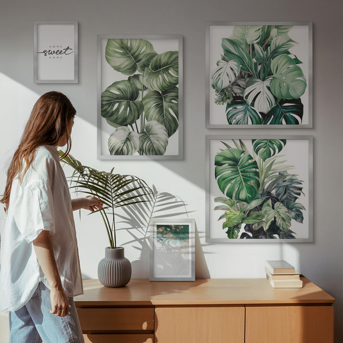 BILDER SET 5er Set - 50x50 cm & 20x30 cm & 40x60 cm Silberner Rahmen - Sweet Home Green Plants - Silberfarben, Kunststoff (40/60cm) - TULUP