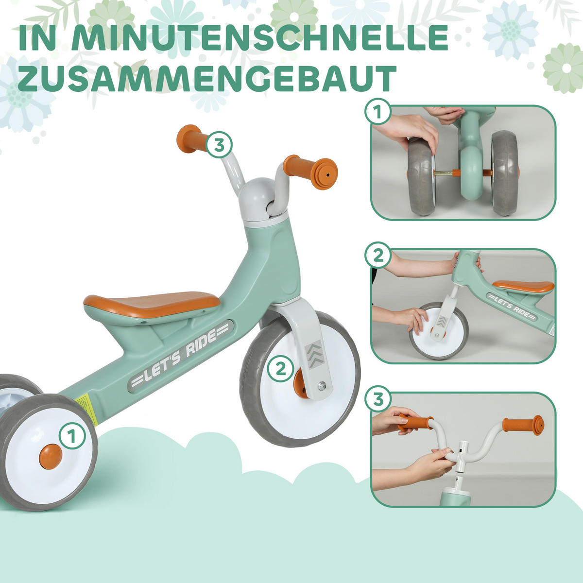 KINDER-LAUFRAD, Lauflernrad für 12-36 Monate Kinder, mit 3 geräuscharme Räder - Grün, Metall (69/40/49cm) - AIYAPLAY