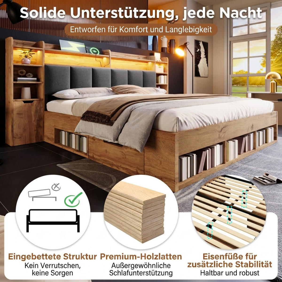 POLSTERBETT 160/200 cm Eiche mit LED-Beleuchtung, USB- und Type-C-Anschlüssen und Rollschubladen - Eichefarben, Holz (160/200cm) - Oxeza