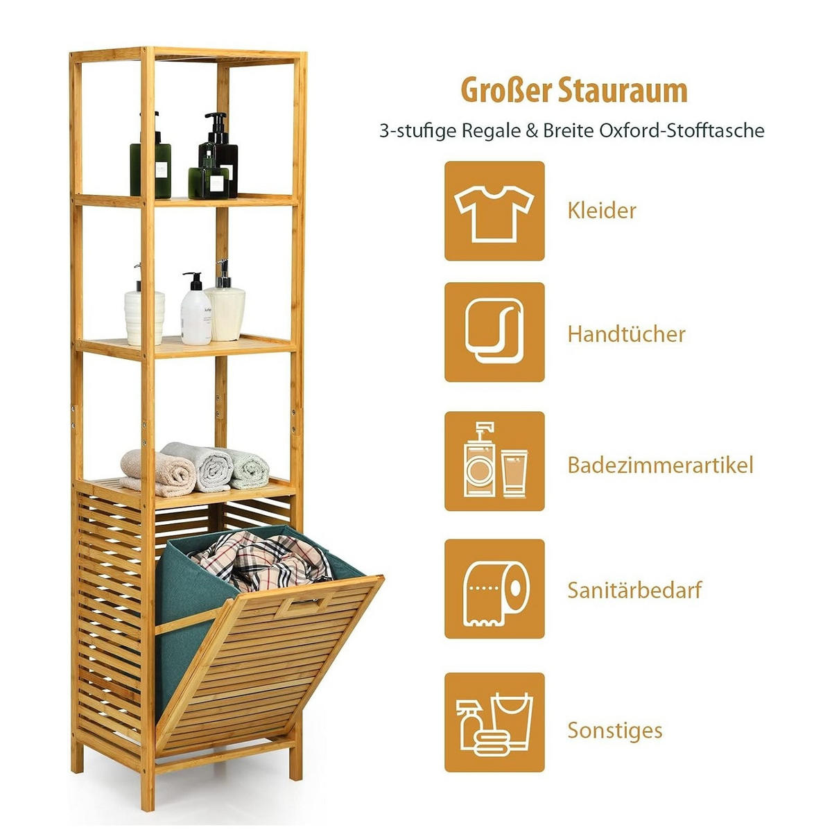 WÄSCHESCHRANK mit abnehmbarem Wäschesack & Griff natur - Naturfarben, Naturmaterialien (40/160/33cm) - COSTWAY