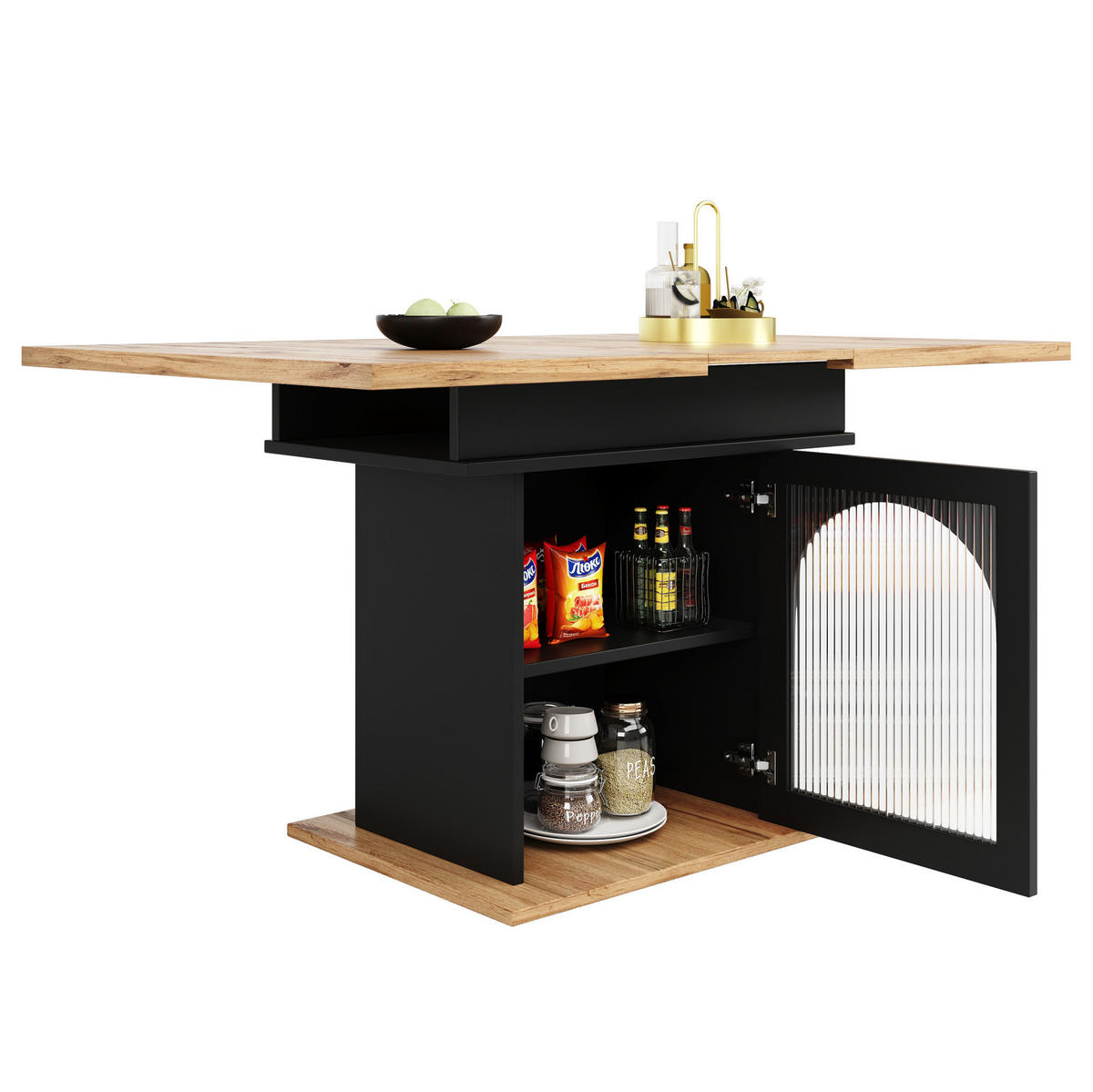 ESSTISCH 110-140x80x76 cm in Schwarz aus MDF mit Regenbogen-Glastüren und 3 Ablagen ausziehbar - Schwarz, Holzwerkstoff (140/80/76cm) - Modfu