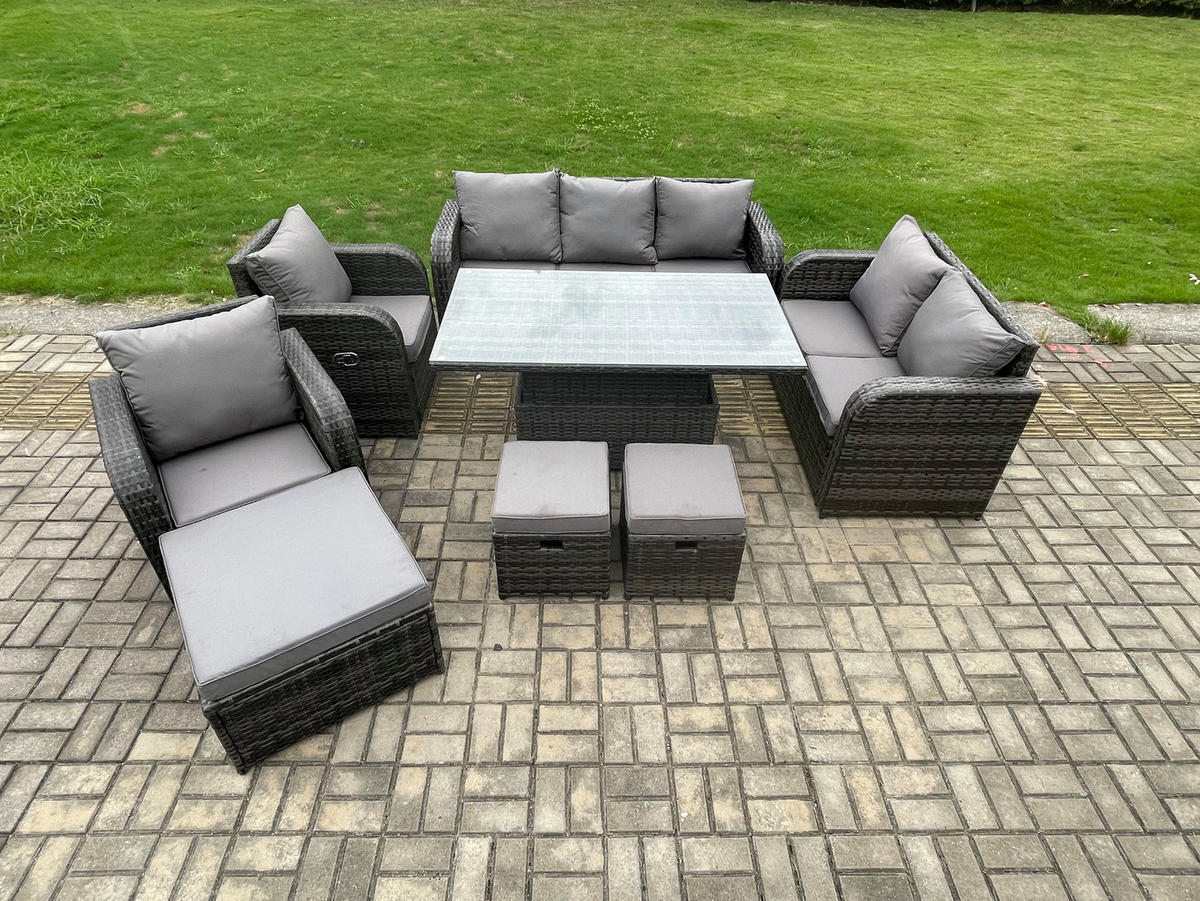 GARTENSET MIT COUCHTISCH HOCKER Polyrattan Outdoor 9-Sitzer - Dunkelgrau/Grau, Glas/Kunststoff - Fimous