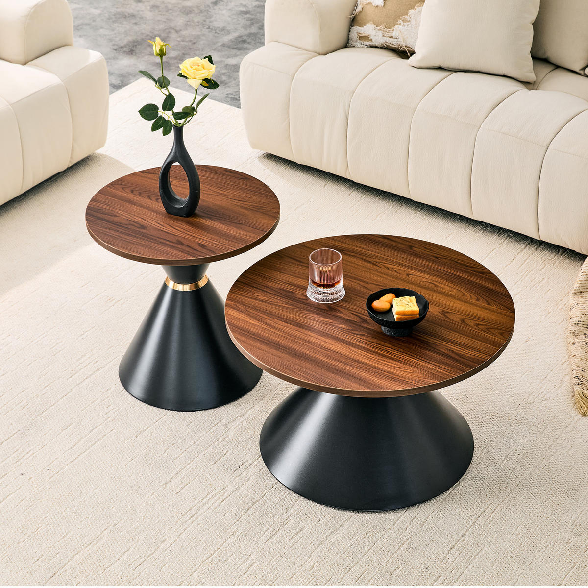 KONFERENČNÍ STOLEK sada 2 ks v dekoru ořechu a černé, kuželový design - barva vlašského ořechu, kov (70/70/42.5cm) - Urban Meuble