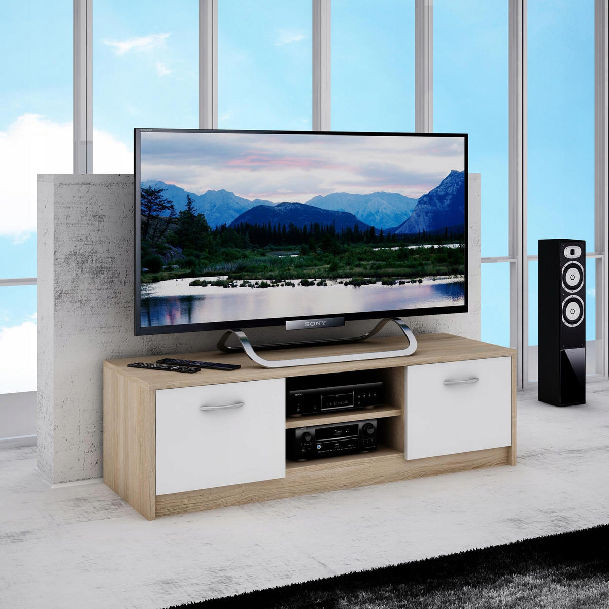 FERNSEHKOMMODE 2DC Sonoma Eiche-Weiß 120/41/36 cm - Weiß/Sonoma Eiche, Holzwerkstoff (120/36/41cm) - Matkam Möbel