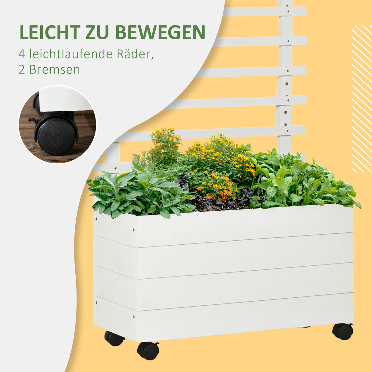PFLANZKASTEN, Blumenkasten mit Rollen, Hochbeet für Kletterpflanzen, Naturholz, Weiß - Weiß, Holz (30/155/76cm) - Outsunny