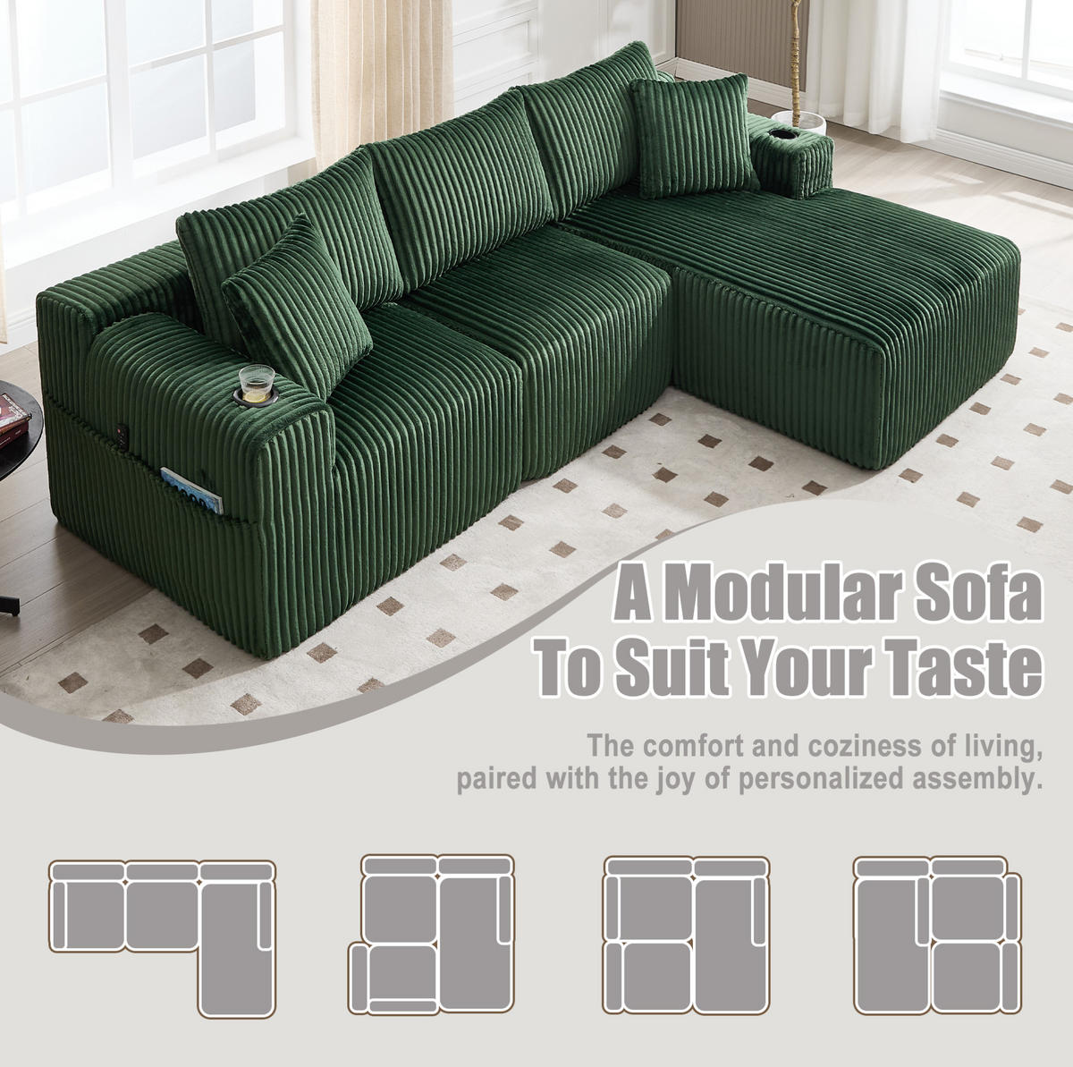 ECKSOFA 257/90-160/62 cm Smaragd aus Cord mit Chaiselongue - Smaragdgrün, Textil (160/257cm) - OKMYHOME
