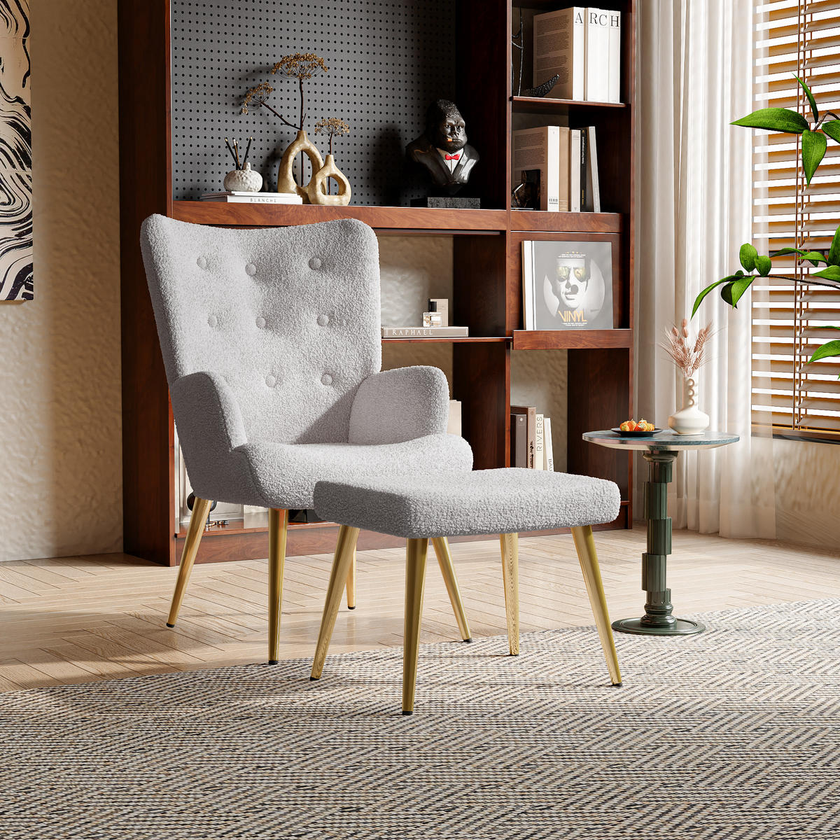 OHRENSESSEL mit Hocker,Hellgrau - Hellgrau, Metall (53/99.5/68cm)