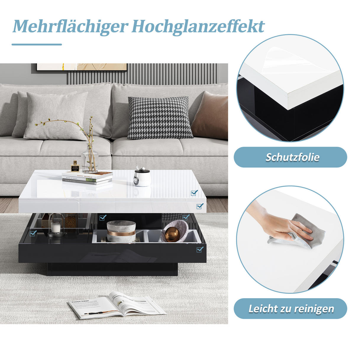 COUCHTISCH, Hochglanz-Tischplatte, 360° drehbar, weiß/schwarz, Spanplatte, 70/70/36 cm,weiß - Weiß, Holzwerkstoff (70/70/36cm) - Redom