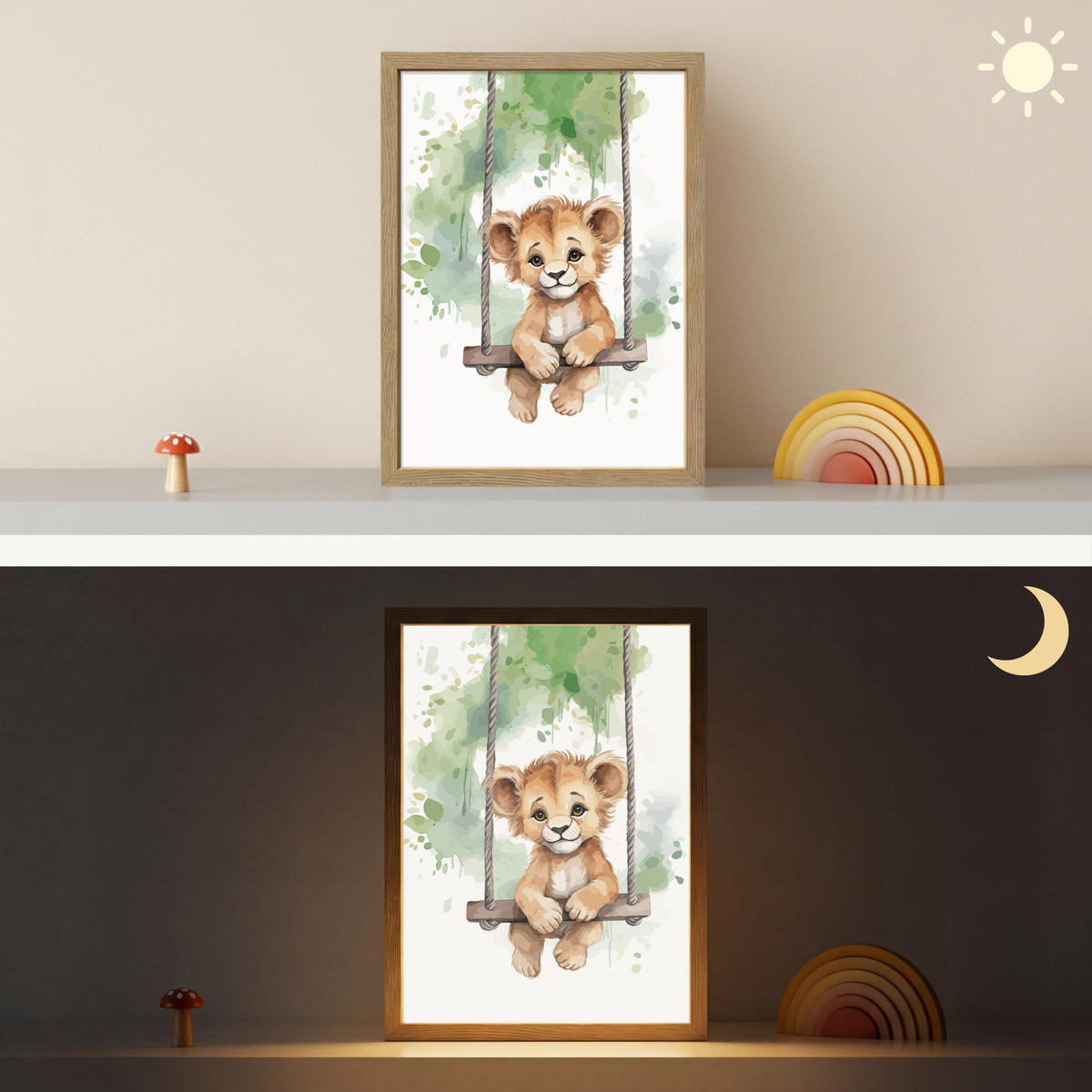 WANDLEUCHTE MIT AKKU Löwe - Tier - Kinder - Dschungel 30x40 cm - Weiß, Holzwerkstoff (30/40/8cm) - OnlyWow