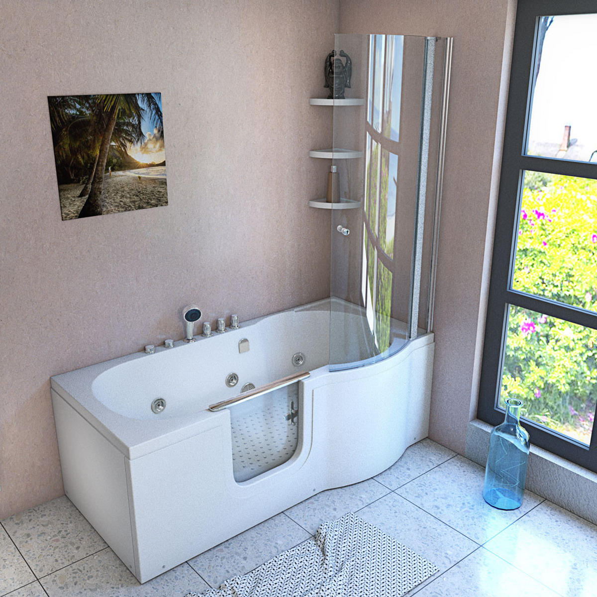 SENIORENDUSCHE Whirlpool mit Tür S12D-TH-WP-L-EC - Weiß, Glas/Kunststoff (85/200/170cm) - AcquaVapore by Sandra Jentho