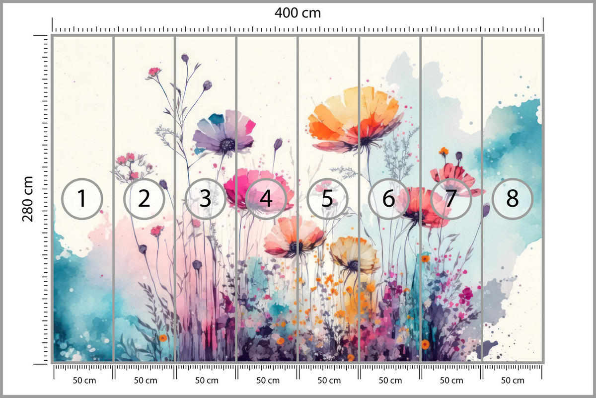 FOTOTAPETA Pre Spálňu Abstraktné Farebné Lúčne Kvety Akvarel 400 x 280 cm - oranžová/sivá, papier (400/280cm) - Muralo