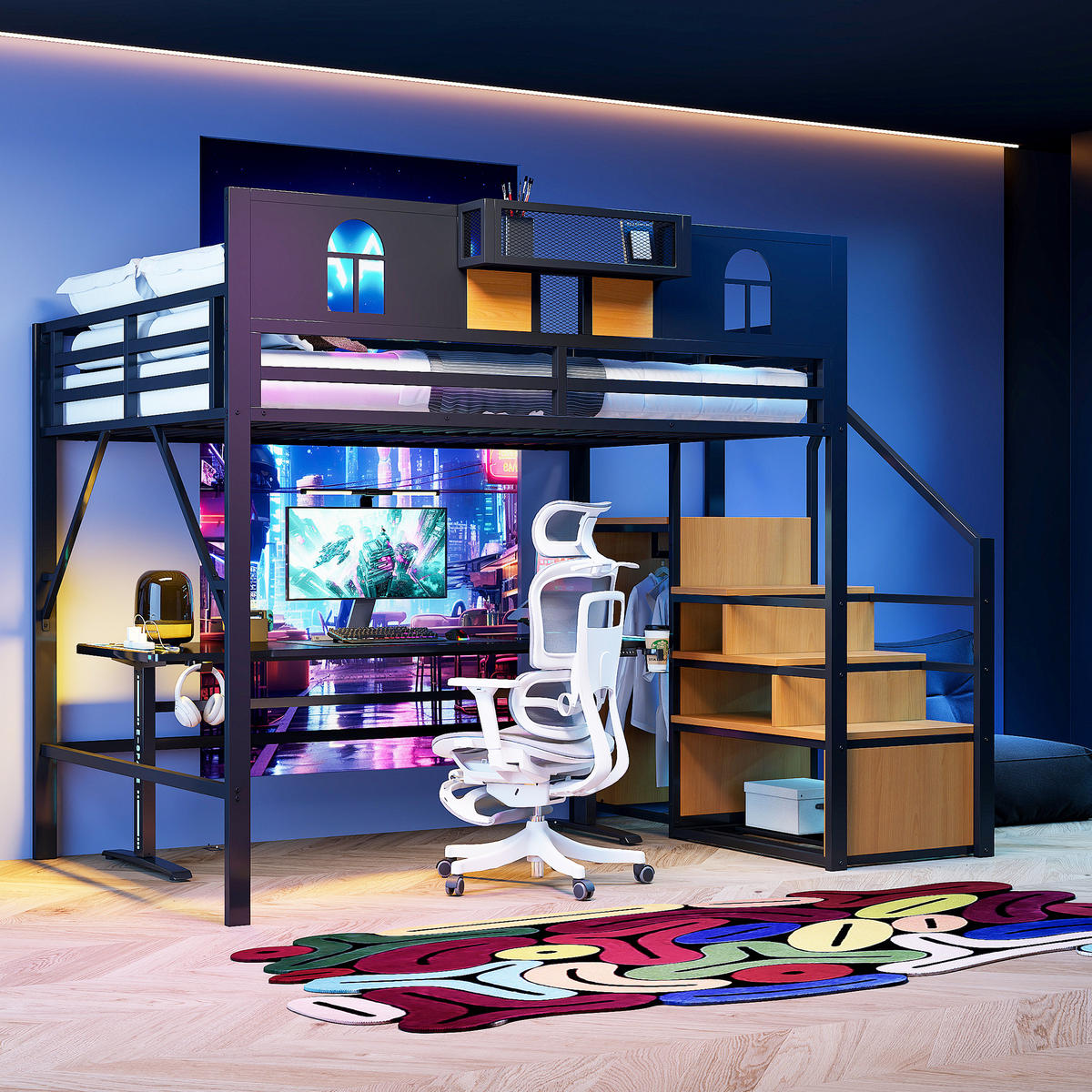 HOCHBETT 140/200 cm schwarz mit Stauraumleiter und Ablagefläche mit Matratze - Schwarz, Metall (140/200cm) - OKWISH