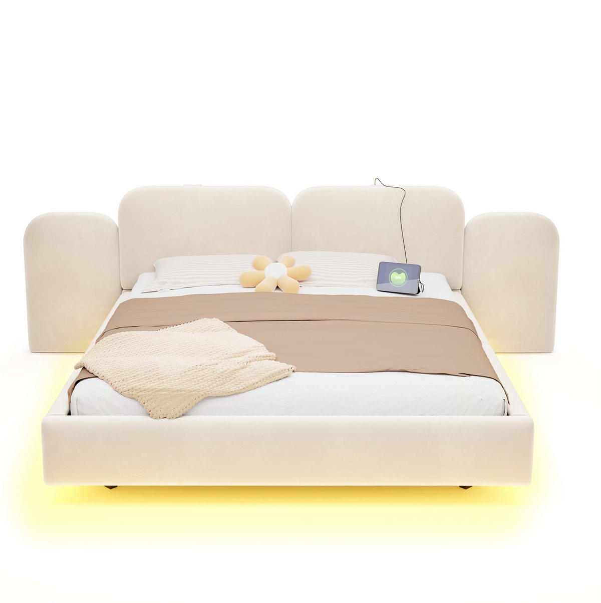 POLSTERBETT aus Samtstoff 180x200 cm Beige mit hydraulischem Bettkasten, RGB-LED und USB-C-Anschluss - Beige, Textil (180/200cm) - Modfu