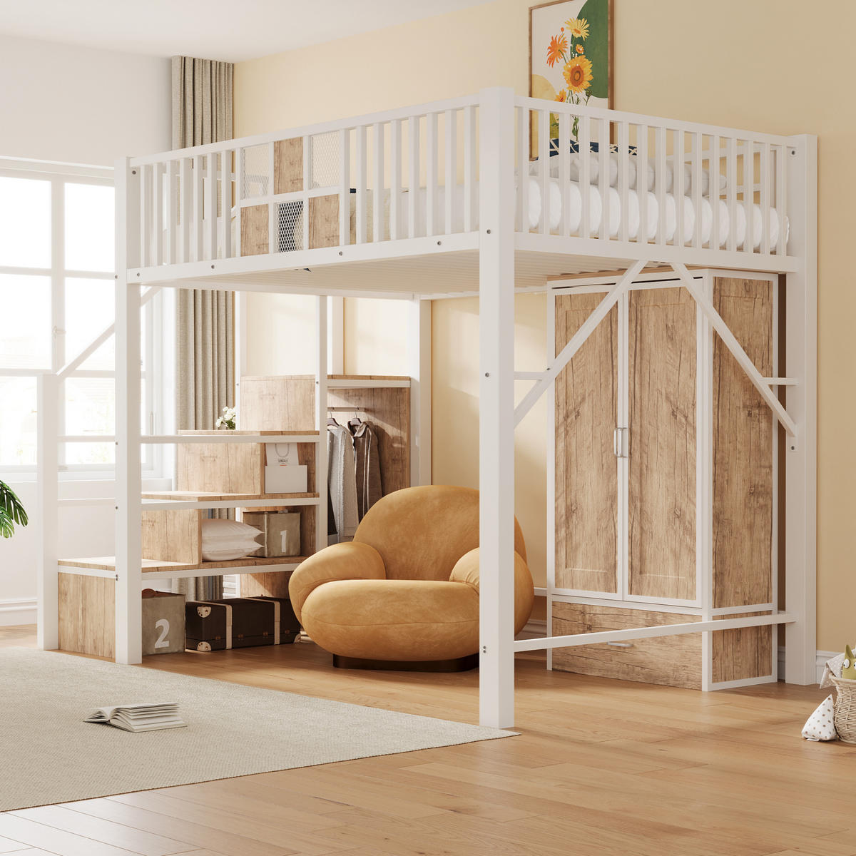 HOCHBETT 140/200 cm in Weiß mit Kleiderschrank, Schublade und Aufbewahrungsleiter aus Metall und Holz - Weiß/Naturfarben, Holzwerkstoff/Metall (140/200cm) - CHICFURN