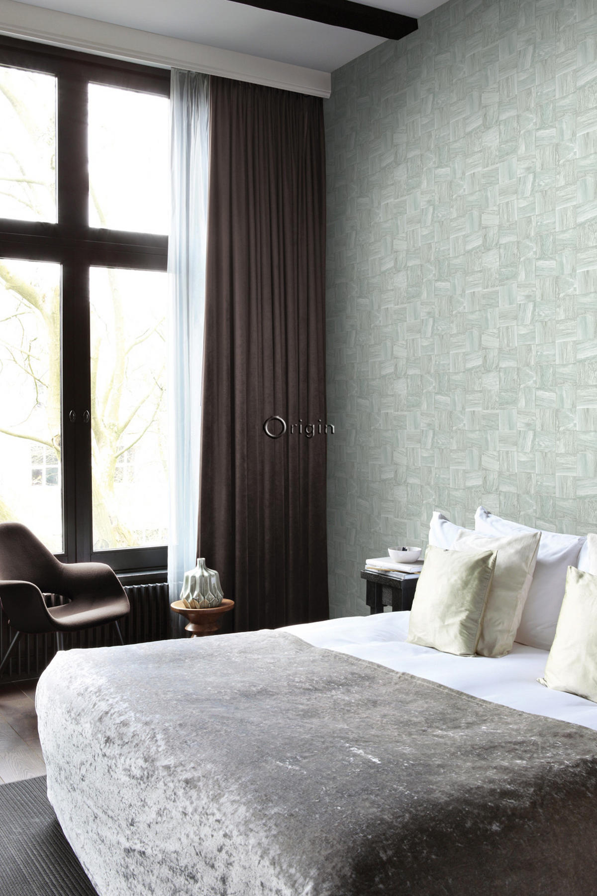 TAPETE quadratische Holzstücke 53 cm x 10.05 m - Türkis, Papier (53/1000cm) - Origin Wallcoverings