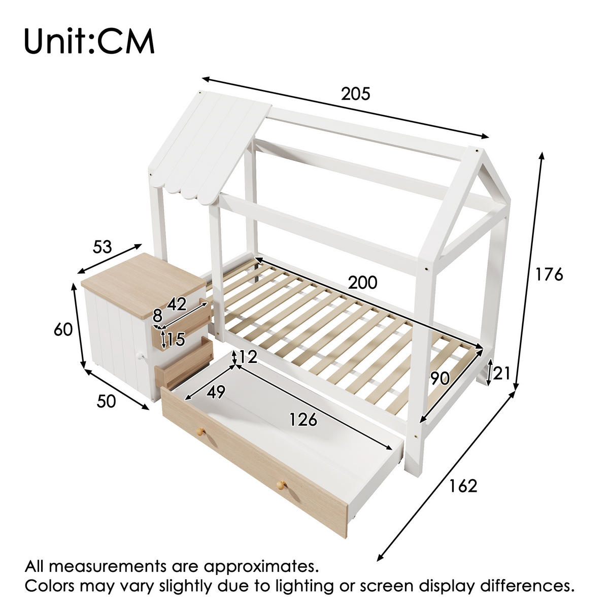 HAUSBETT 90/200 cm aus Massivholz mit Schubladen in Weiß und Eiche - Eichefarben, Holzwerkstoff (90/200cm) - OKWISH