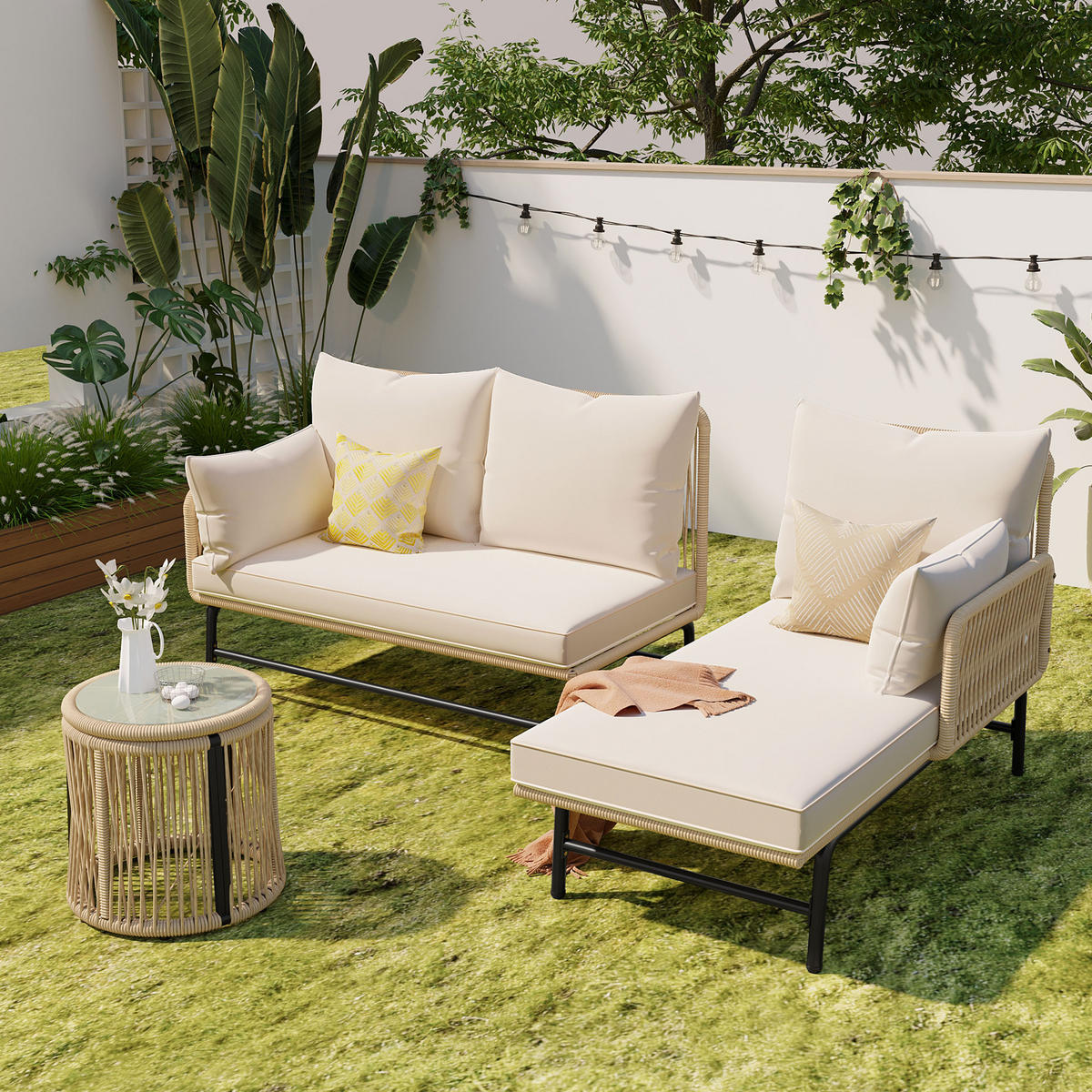 GARTENLOUNGE Set mit Eisengestell und beigem Seil LForm Gesprächsset mit Tisch Gewebtes Seil für Garten Terrasse Beige - Beige, Metall - FLIEKS
