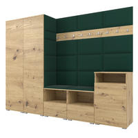 GARDEROBE NELA VIII 250 cm (Modulare Flurmöbel Artisan Eiche mit Sitzpolster Flaschengrün 28 2 Schränke + Sideboard) - Dunkelgrün/Silberfarben, Holz/Holzwerkstoff (250/187/40cm) - Ravio