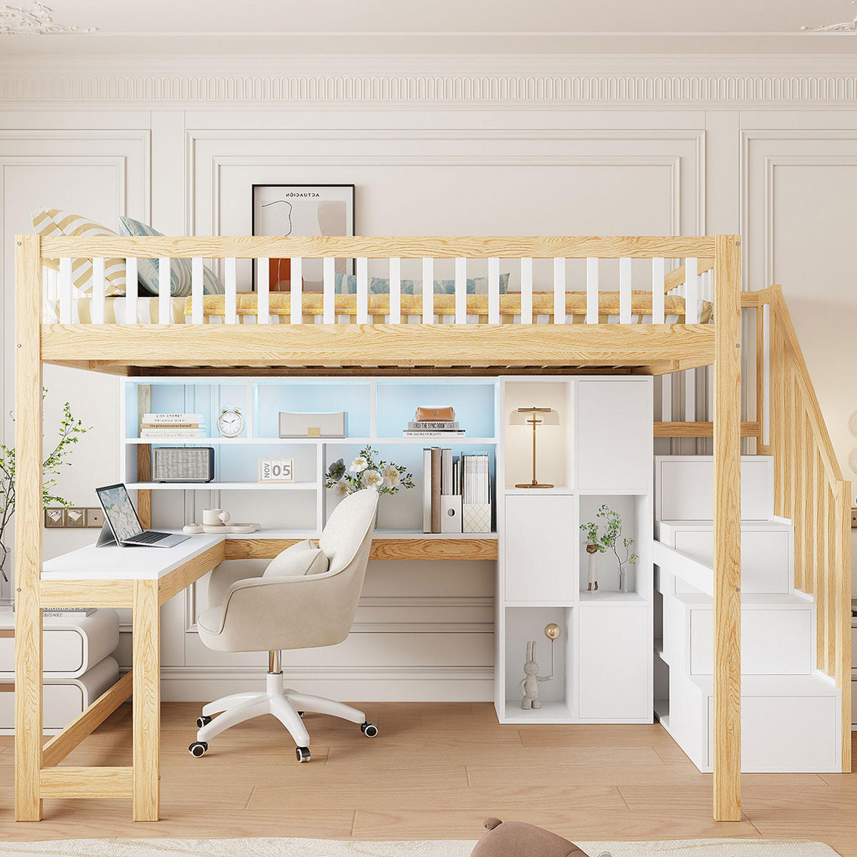 HOCHBETT 140/200 cm Weiß/Natur aus Kiefernholz und MDF mit Schreibtisch - Weiß, Holz (140/200cm) - OKMYHOME