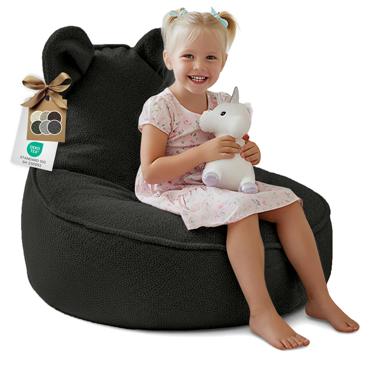SITZSACK FÜR KINDER Maus 75/75/55 cm, weicher Bouclé 315 g/m², abnehmbarer Bezug, Steel Grey - Dunkelgrau, Textil (75/55/75cm) - Dreamroots