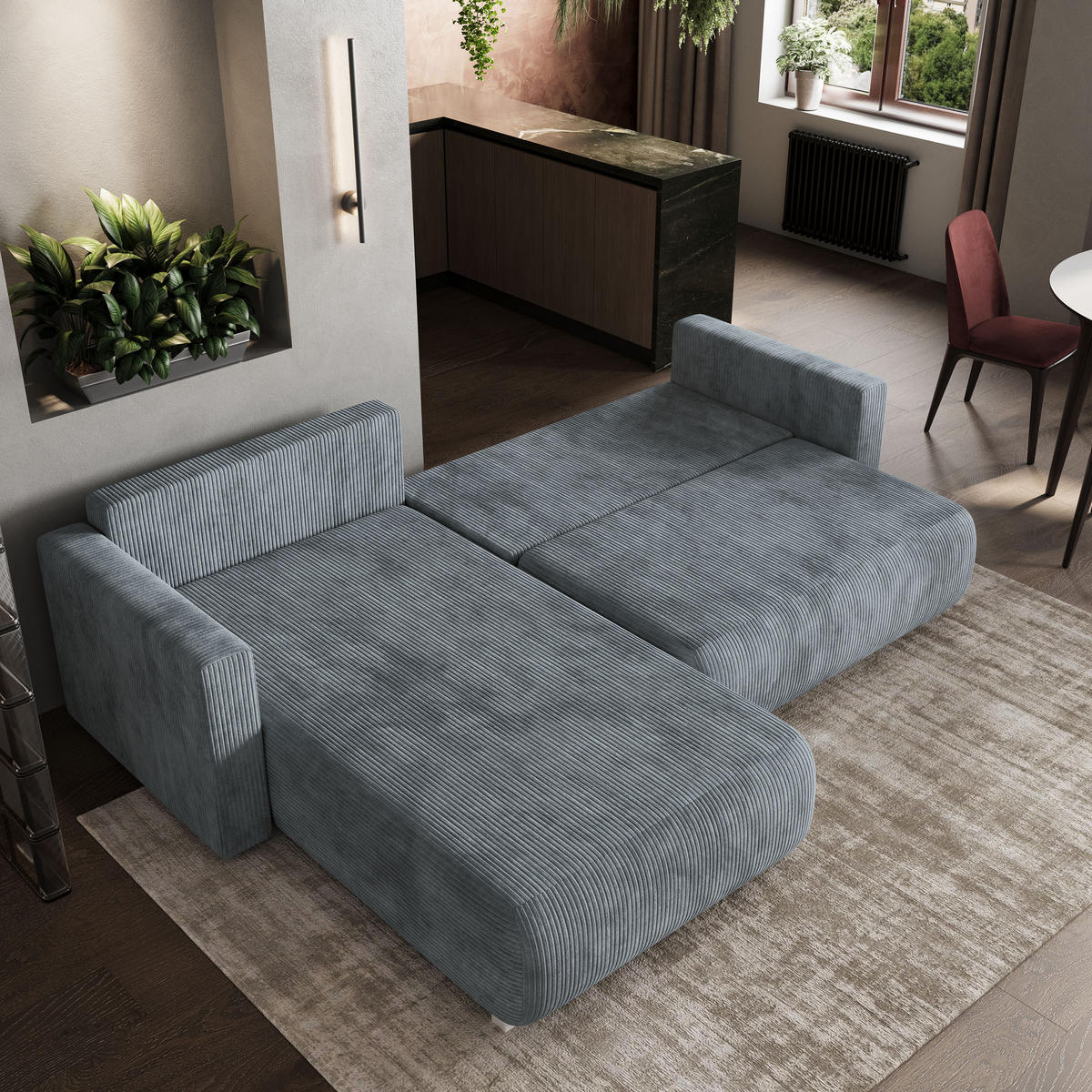 ECKSOFA TURIN P Grau Kordstoff mit Schlaffunktion - Grau, Holz (265/183cm) - MASSENO