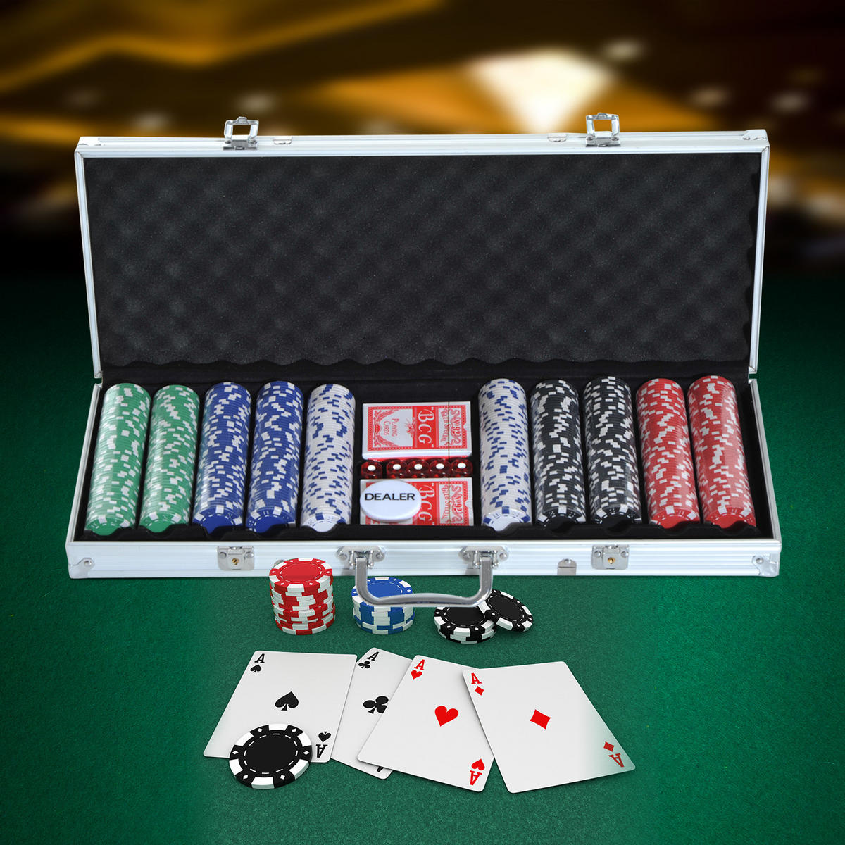 POKERKOFFER Pokerset 500 Pokerchips 5 Farben 2xKartenspiel 5xWürfel 1xAlukoffer - Multicolor, Kunststoff (22/55.5cm) - HOMCOM