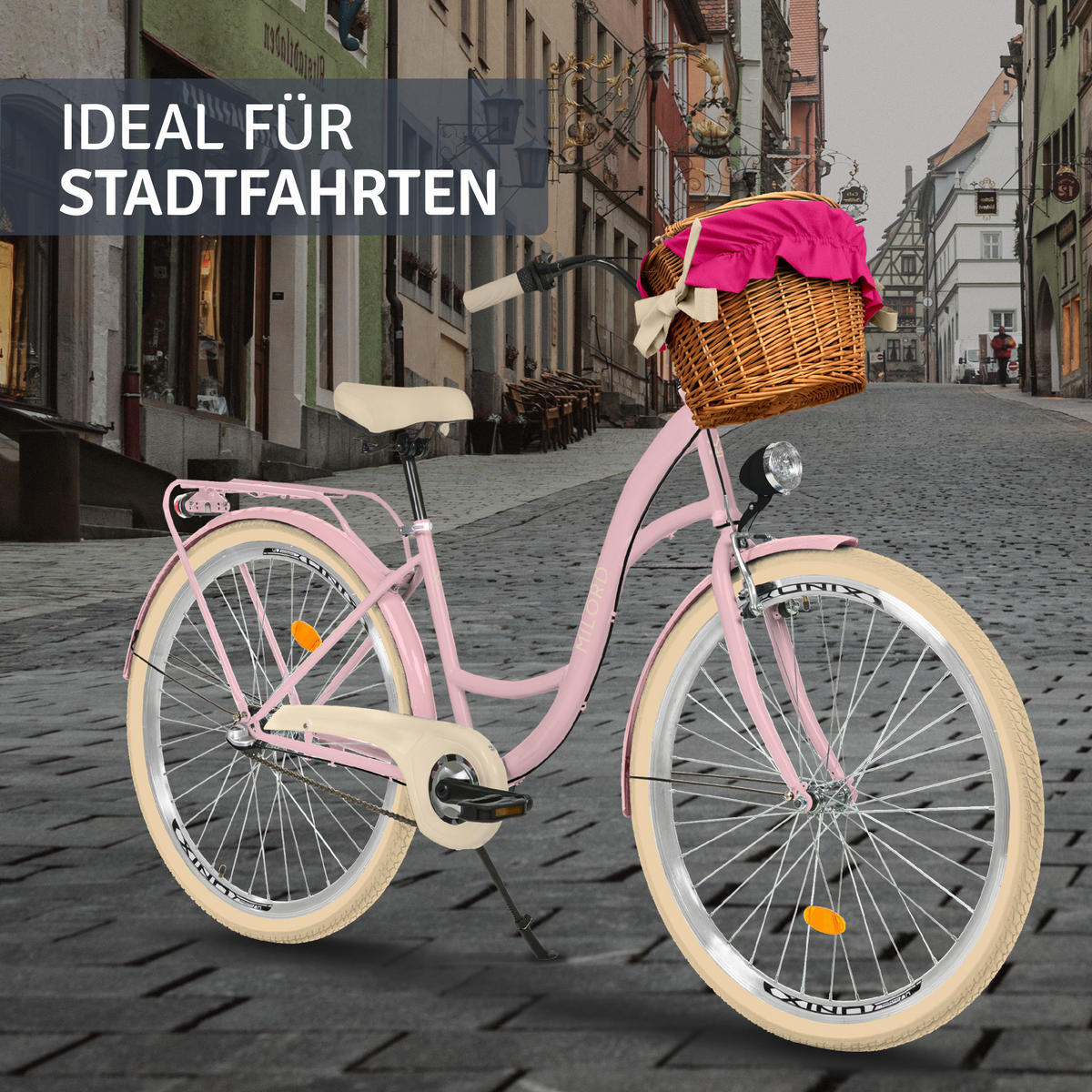 CITY-FAHRRAD Milord mit Weidenkorb, 28 Zoll, Rosa-Creme, 3-Gang - Pink/Creme, Metall (46cm) - Milordbikes