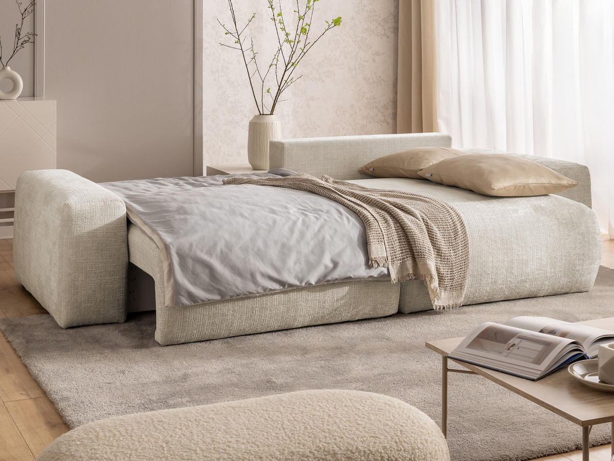 ECKSOFA Puffy mit Schlaffunktion und Bettkasten - besonders weich und puffig aus Beige Chenille-Stoff - Ottomane rechts - Beige/Creme, Holz/Kunststoff (266/138cm) - S-Style Möbel