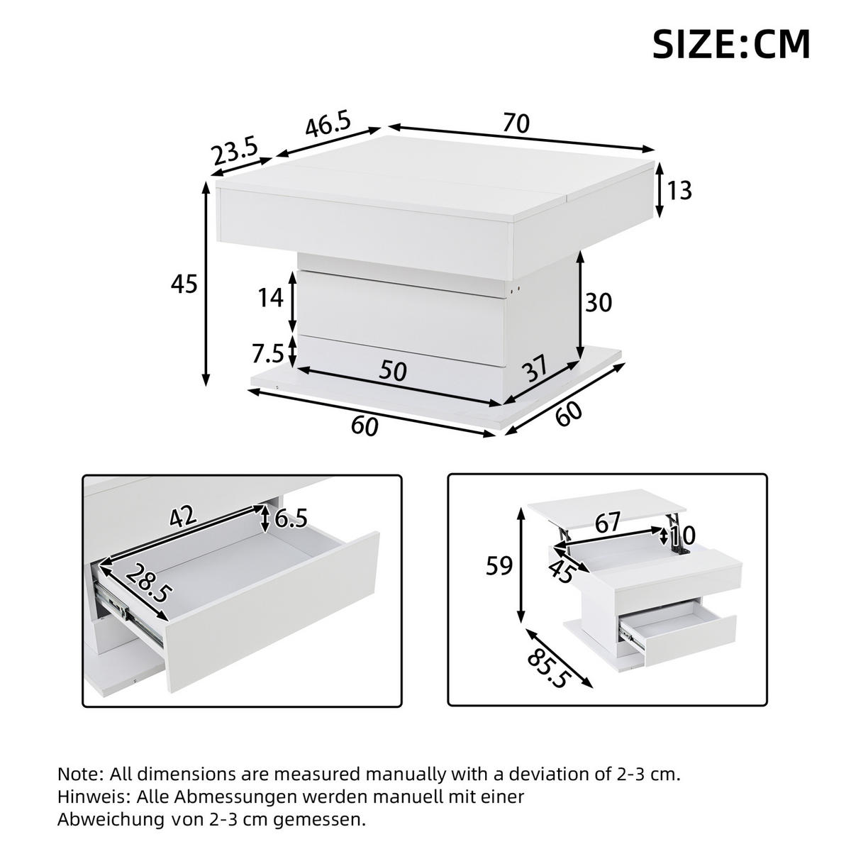 COUCHTISCH aus Spanplatte 70x70x45 cm Weiß mit drehbarer, höhenverstellbarer Tischplatte und verstecktem Stauraum - Weiß, Holzwerkstoff (70/70/45cm) - Modfu